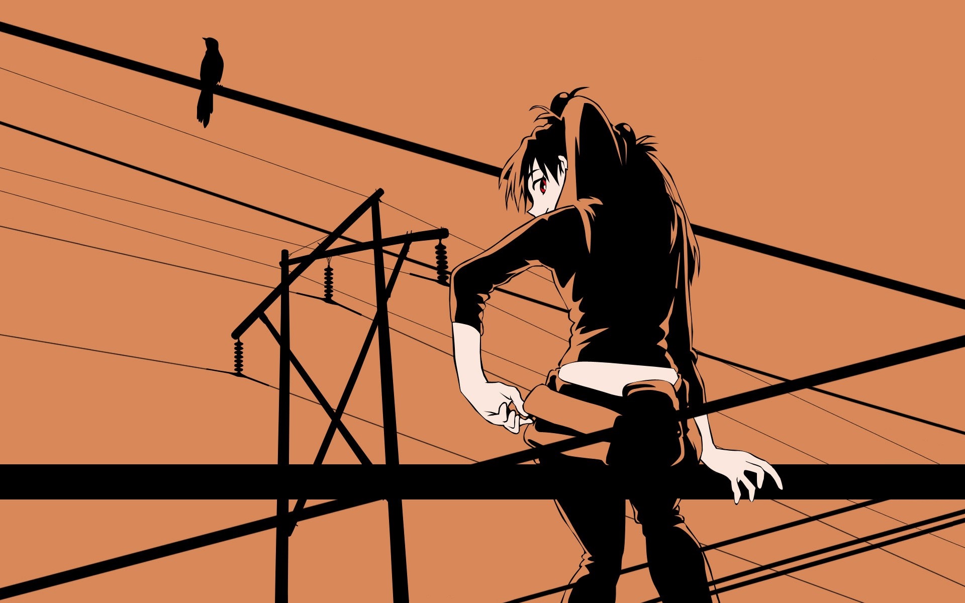 Anime girl on power lines with bird HD Wallpaper