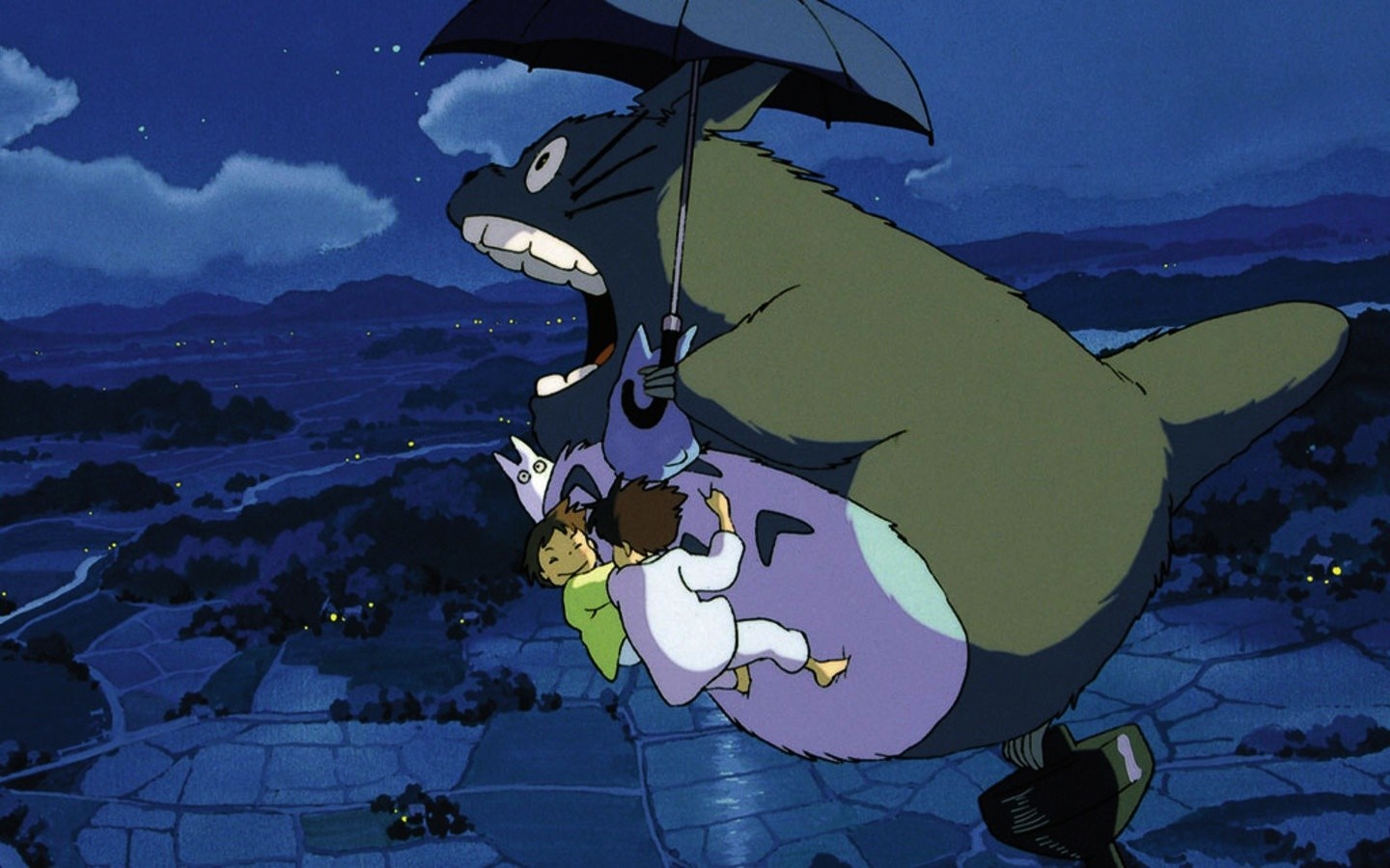 Totoro and children flying with umbrella over landscape HD Wallpaper