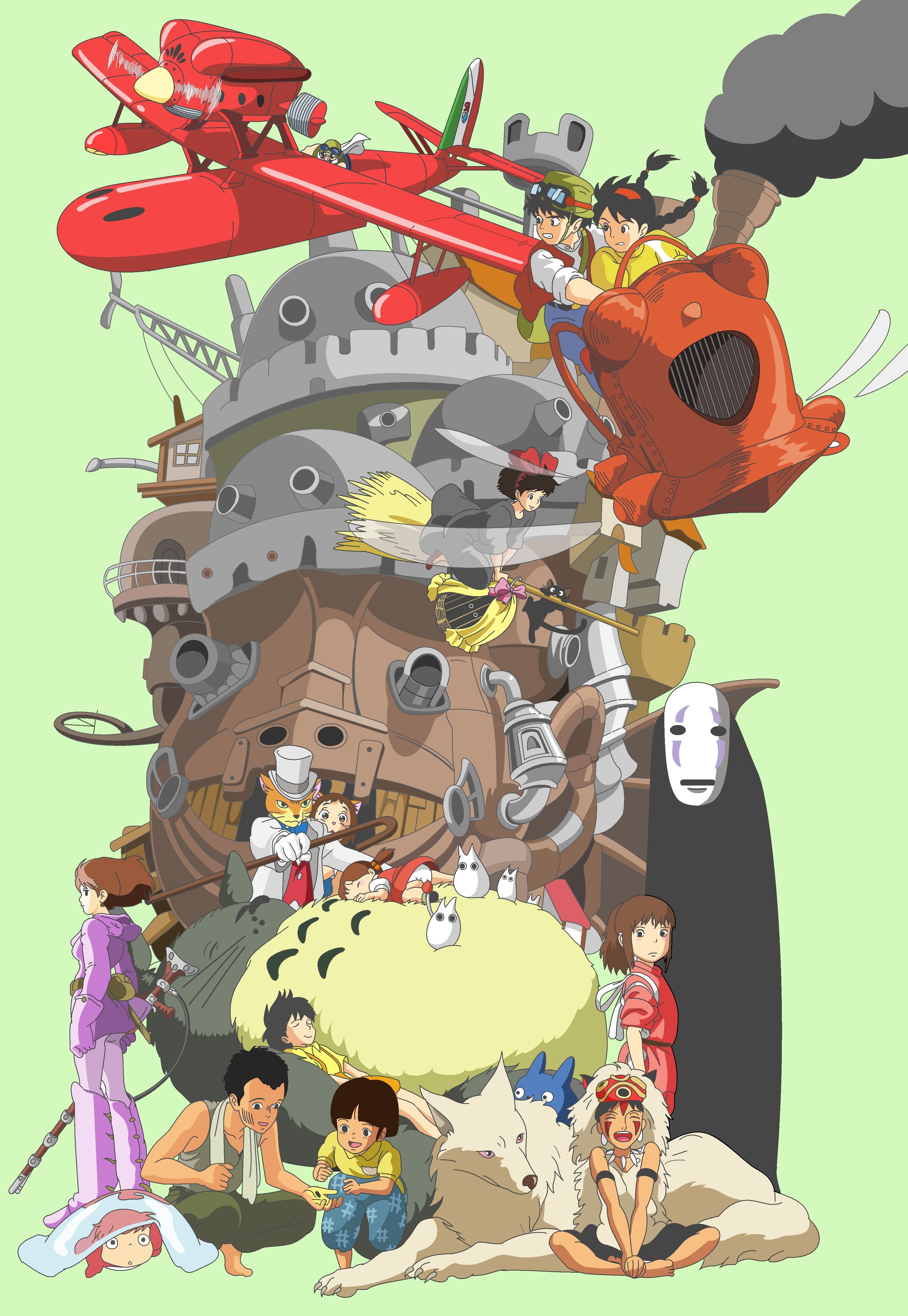Studio Ghibli characters from Howl's Moving Castle, Kiki's Delivery Service, My Neighbor Totoro, Princess Mononoke, and Spirited Away HD Wallpaper