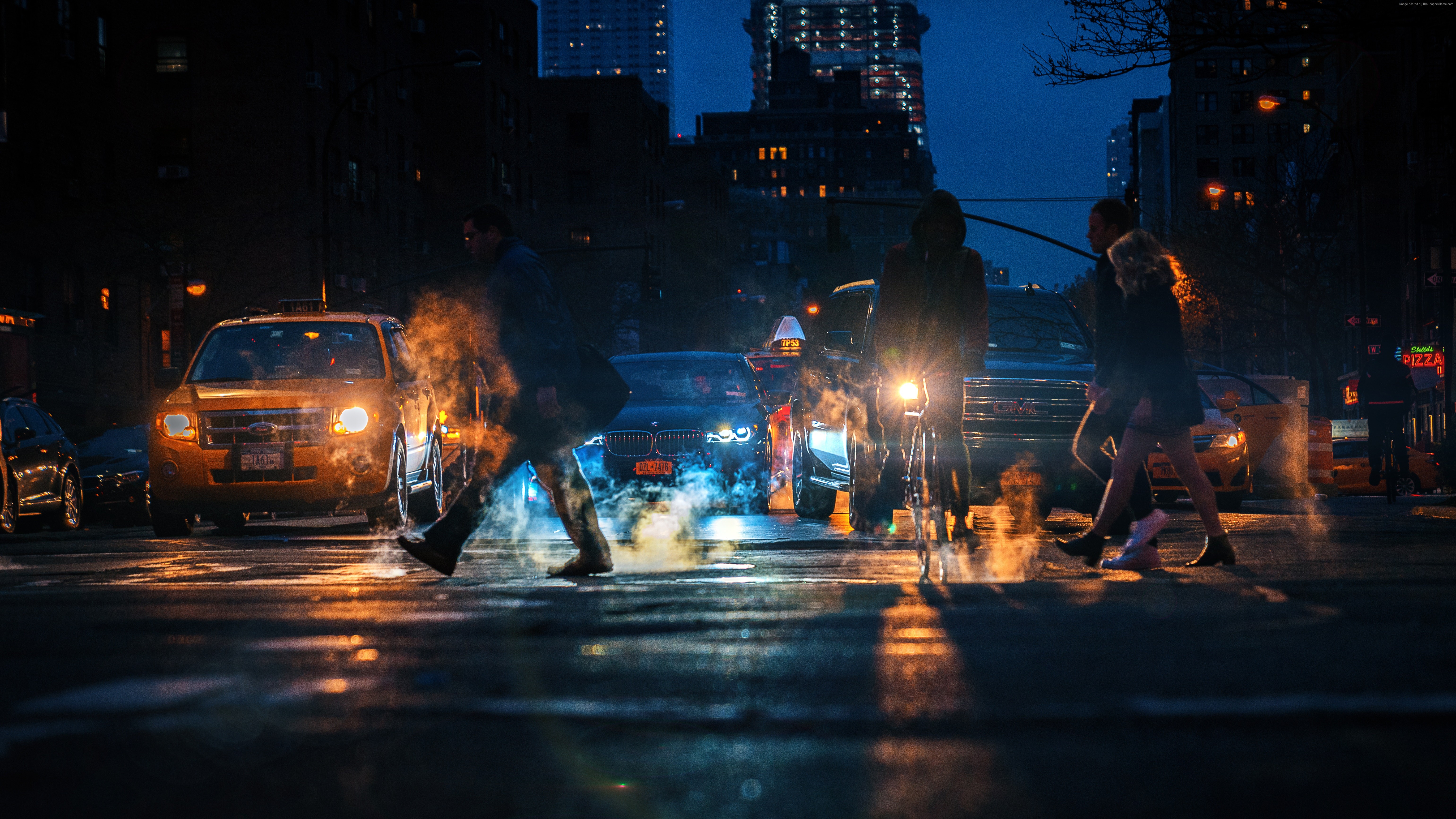 New York City street at night with traffic and pedestrians HD Wallpaper