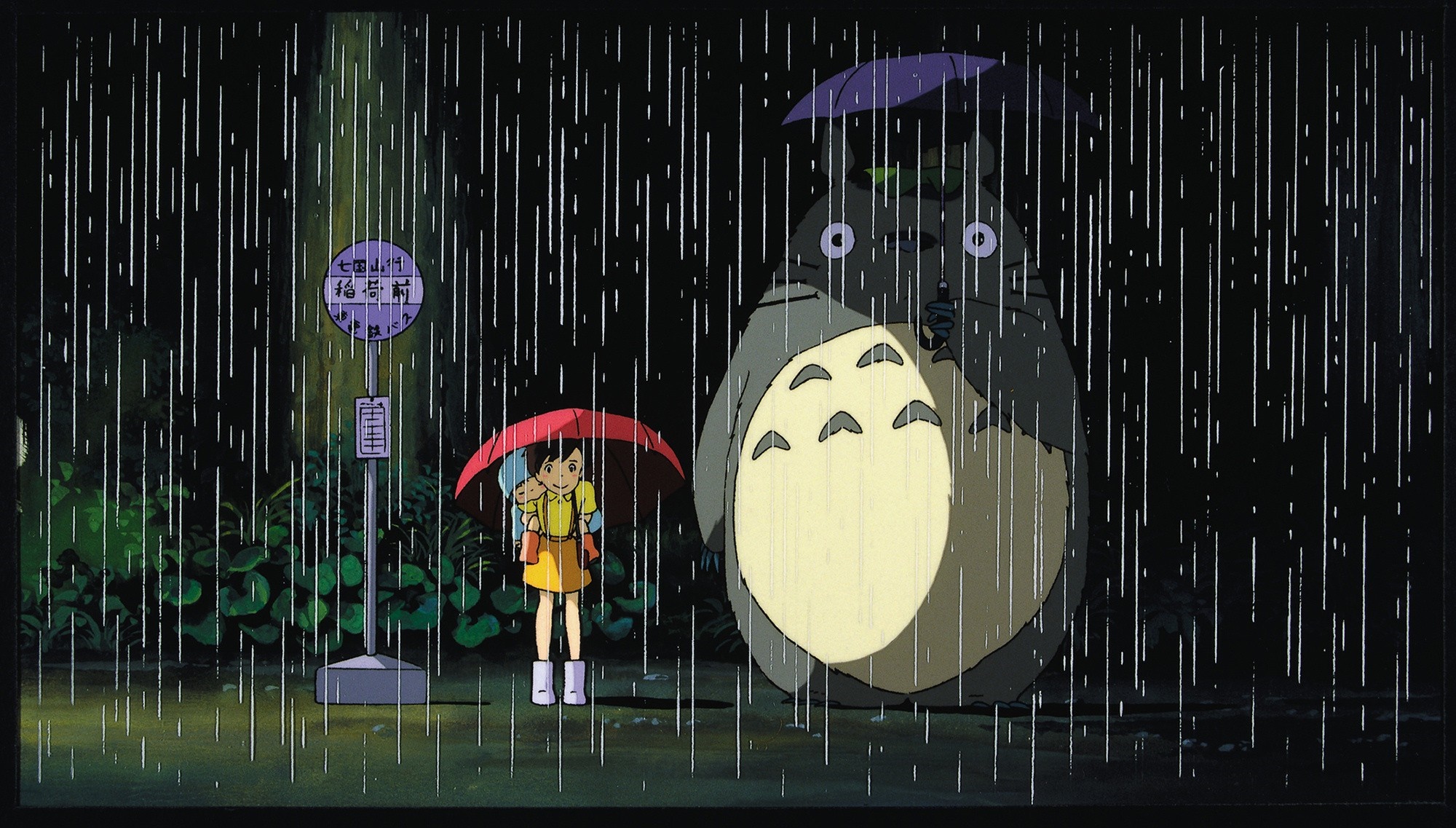 Totoro and Satsuki at a bus stop in the rain HD Wallpaper