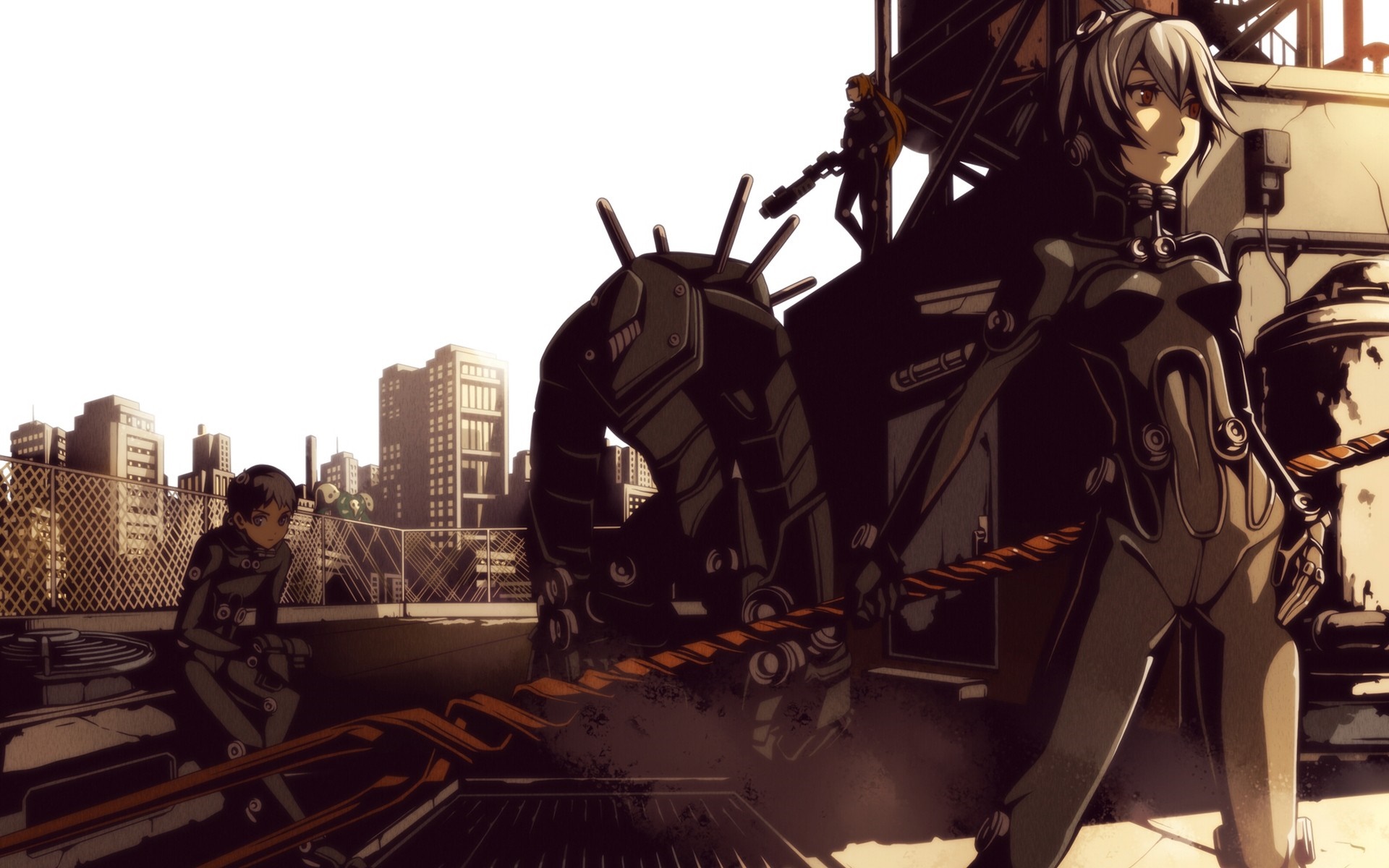 Anime characters in futuristic suits with robots and cityscape HD Wallpaper