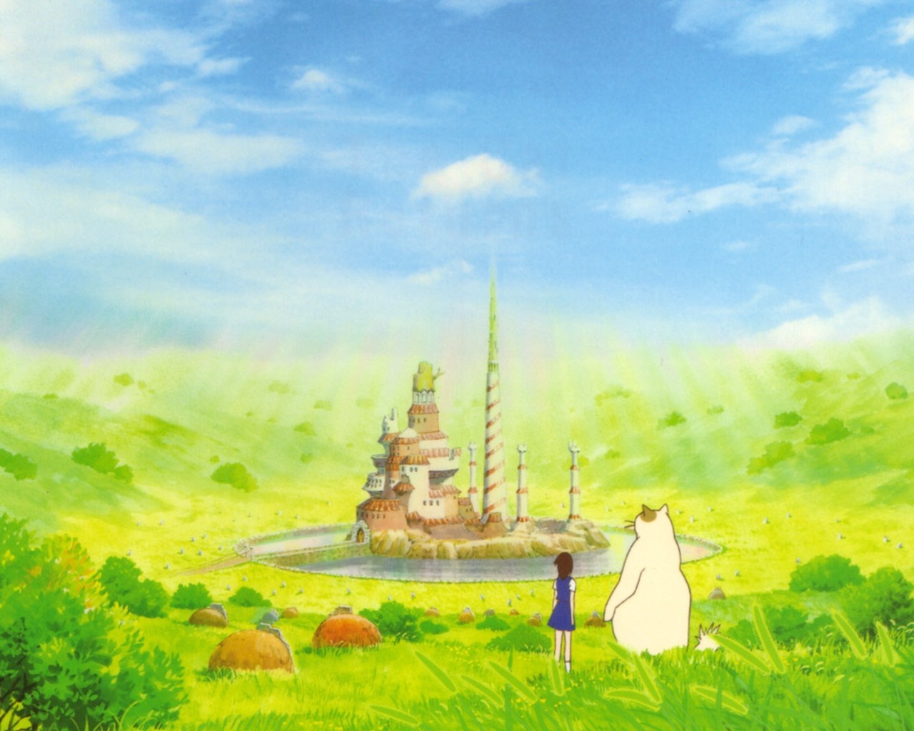 Castle in a green field with a girl and a cat HD Wallpaper