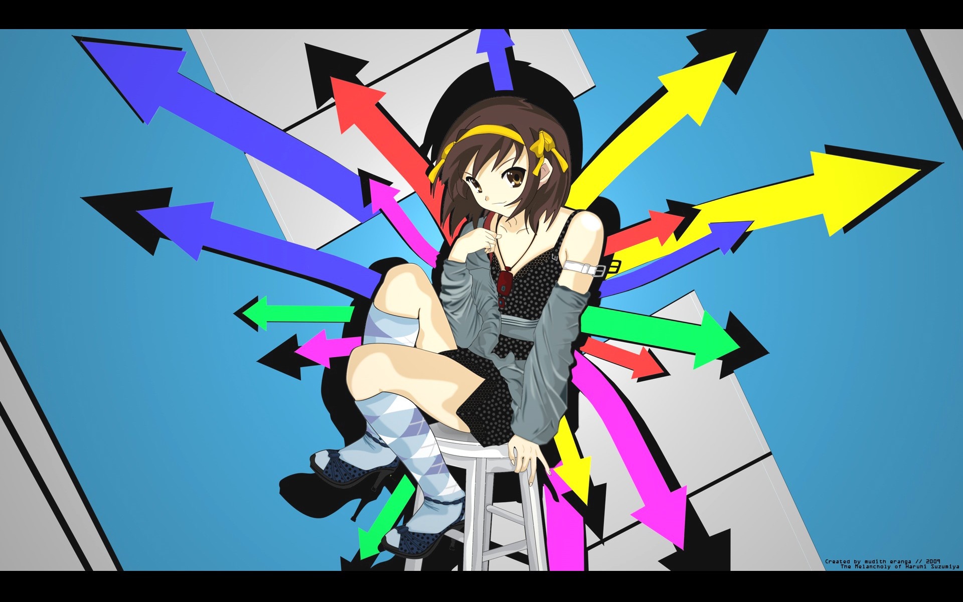 Haruhi Suzumiya from The Melancholy of Haruhi Suzumiya sitting on a stool HD Wallpaper
