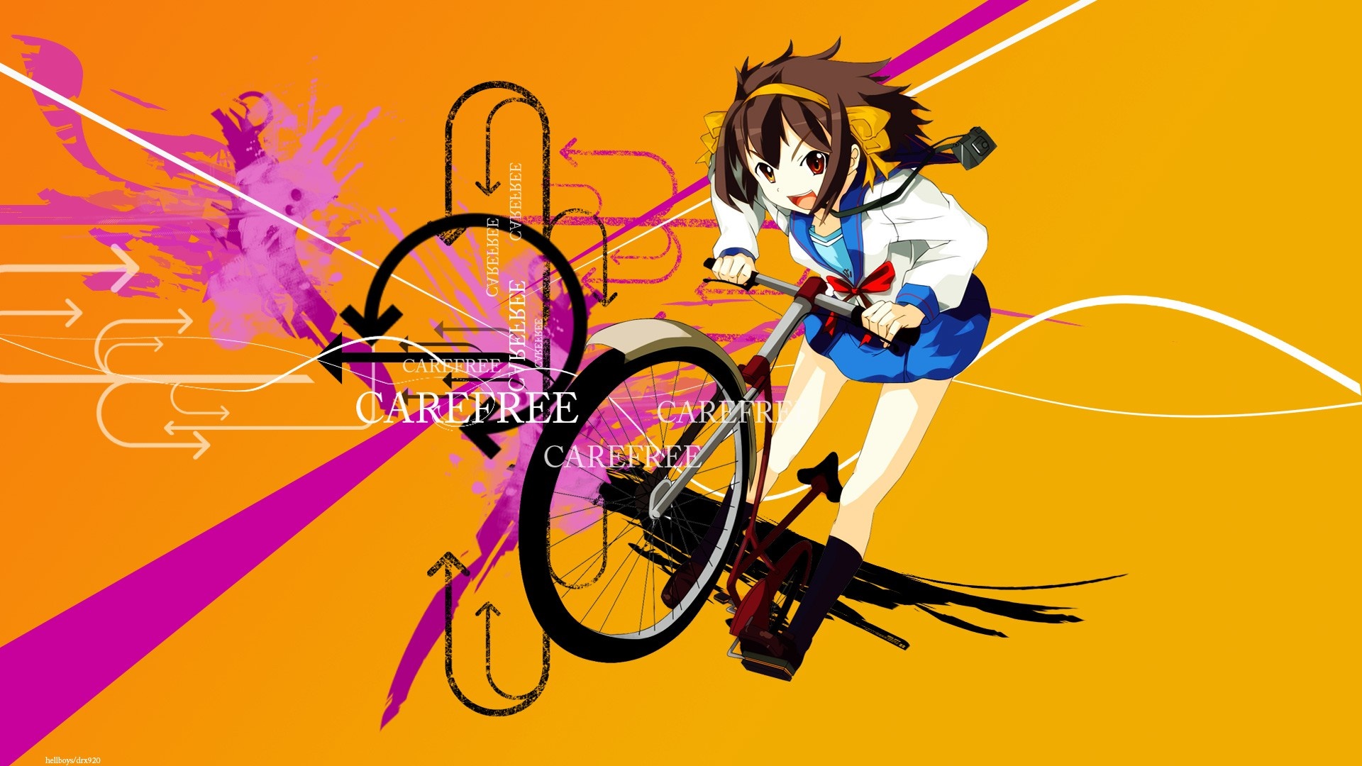Haruhi Suzumiya riding a bicycle HD Wallpaper