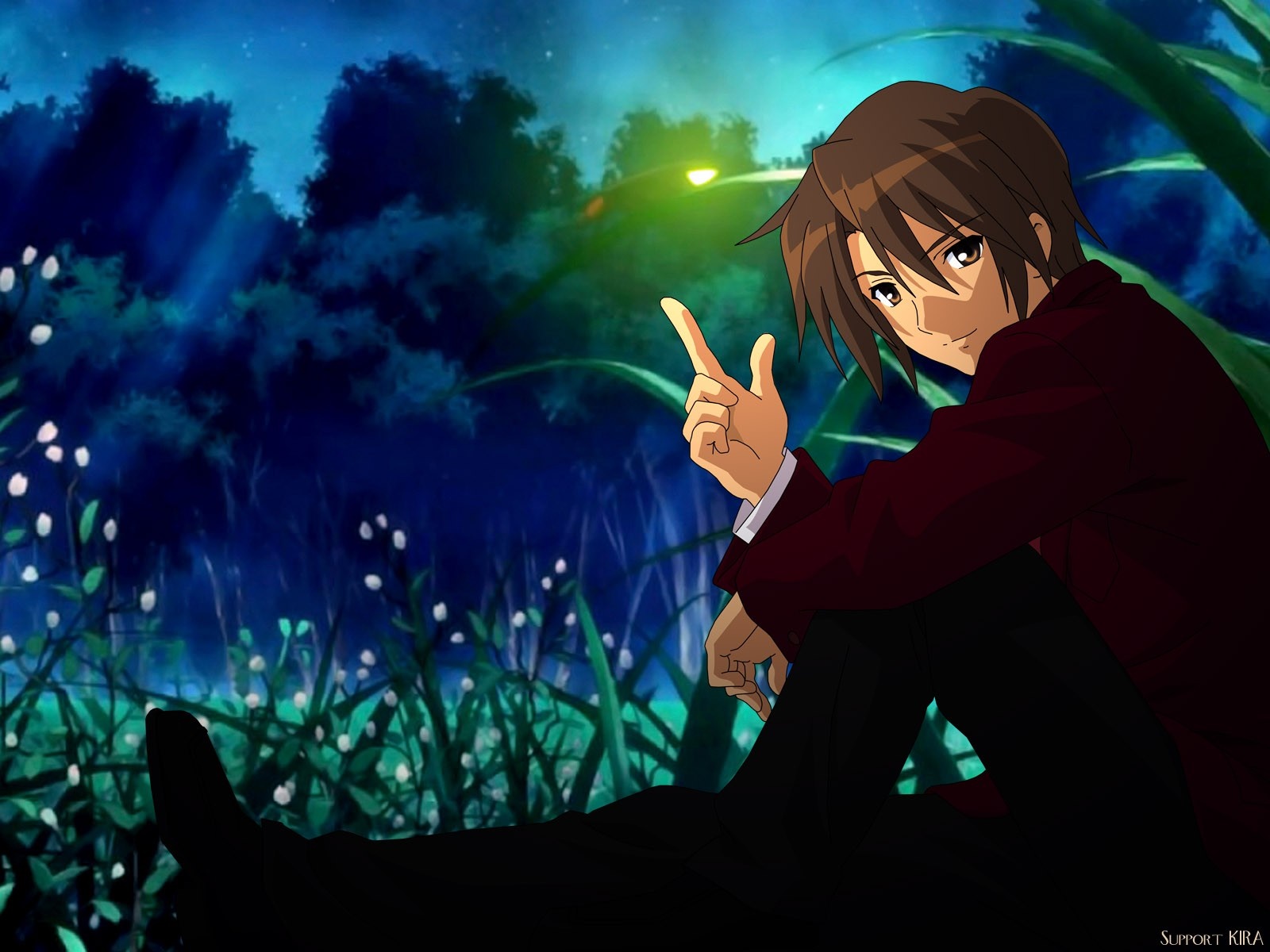 Kyon from The Melancholy of Haruhi Suzumiya in a forest at night HD Wallpaper