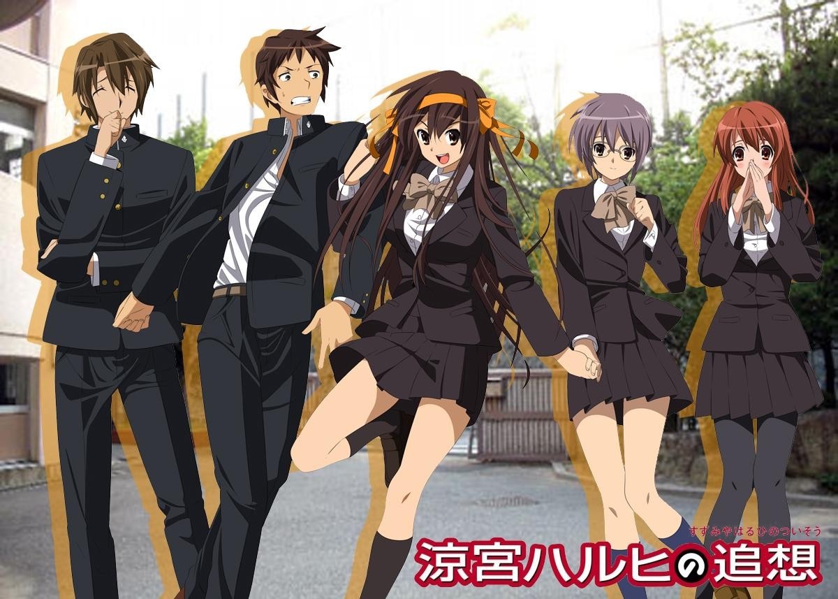 The Melancholy of Haruhi Suzumiya characters in school uniforms HD Wallpaper