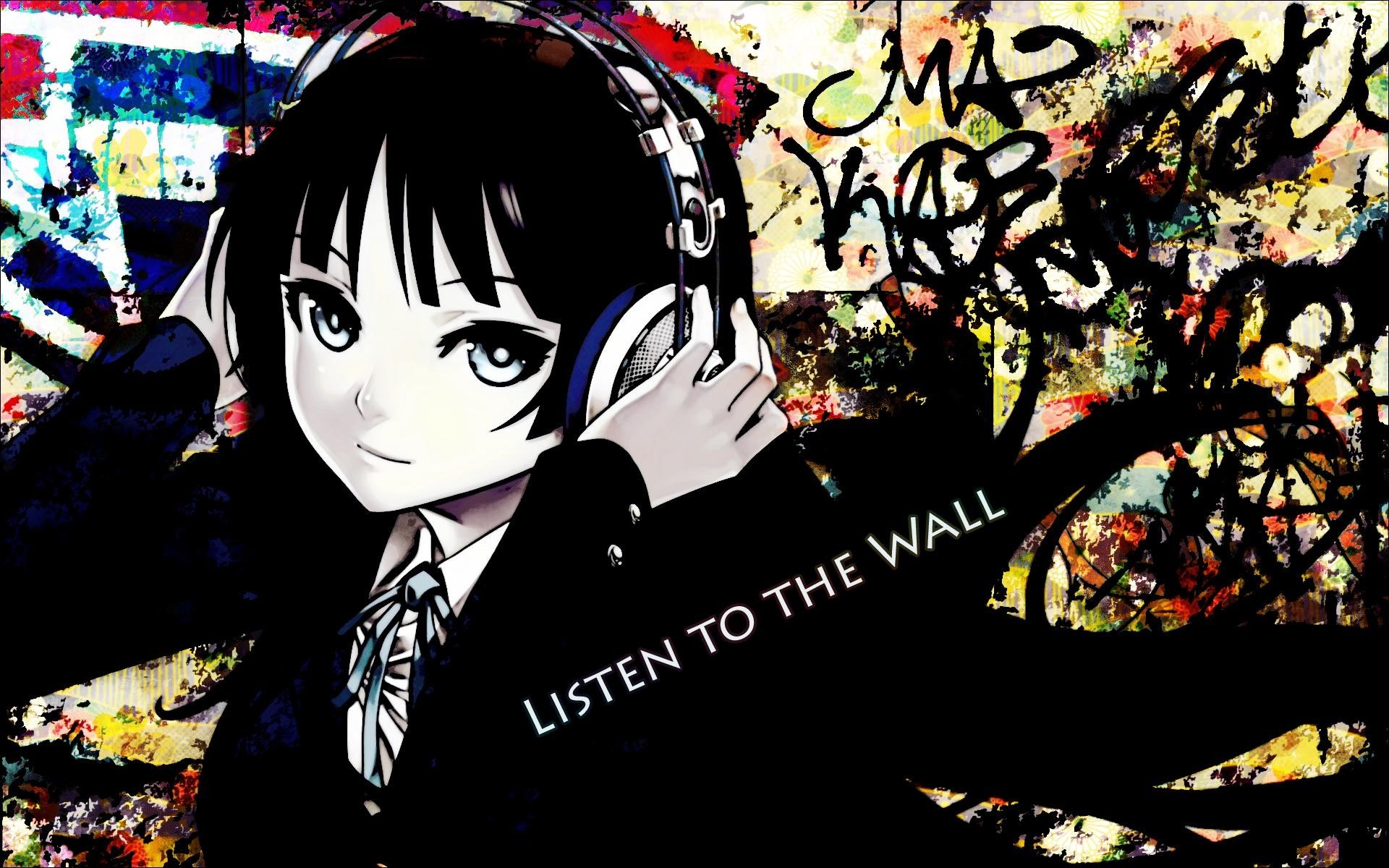 Anime girl with headphones listening to music HD Wallpaper