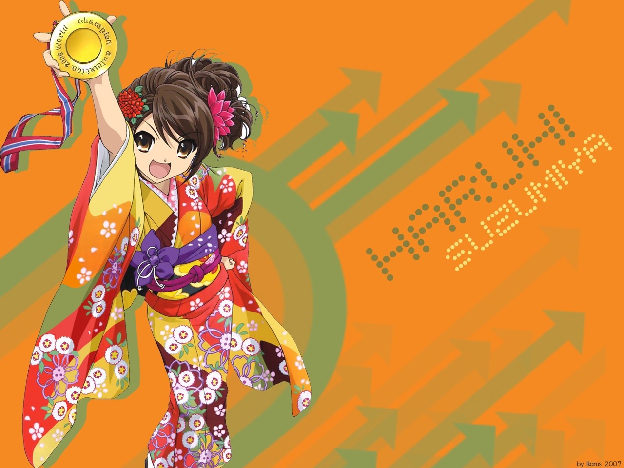 Haruhi Suzumiya from The Melancholy of Haruhi Suzumiya holding a medal HD Wallpaper