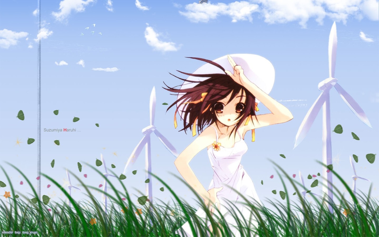 Haruhi Suzumiya in a field with windmills HD Wallpaper