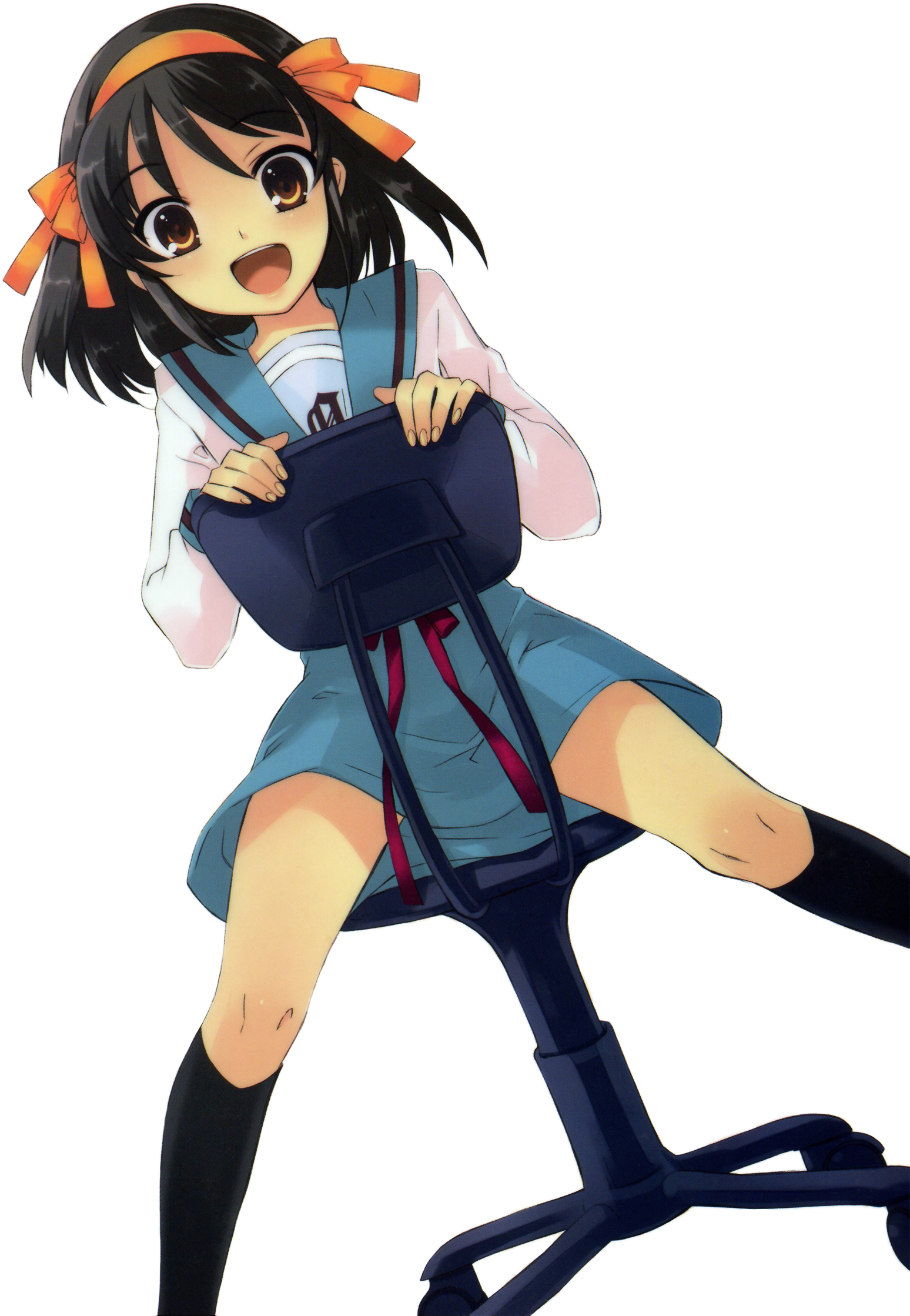 Haruhi Suzumiya from The Melancholy of Haruhi Suzumiya holding a chair HD Wallpaper