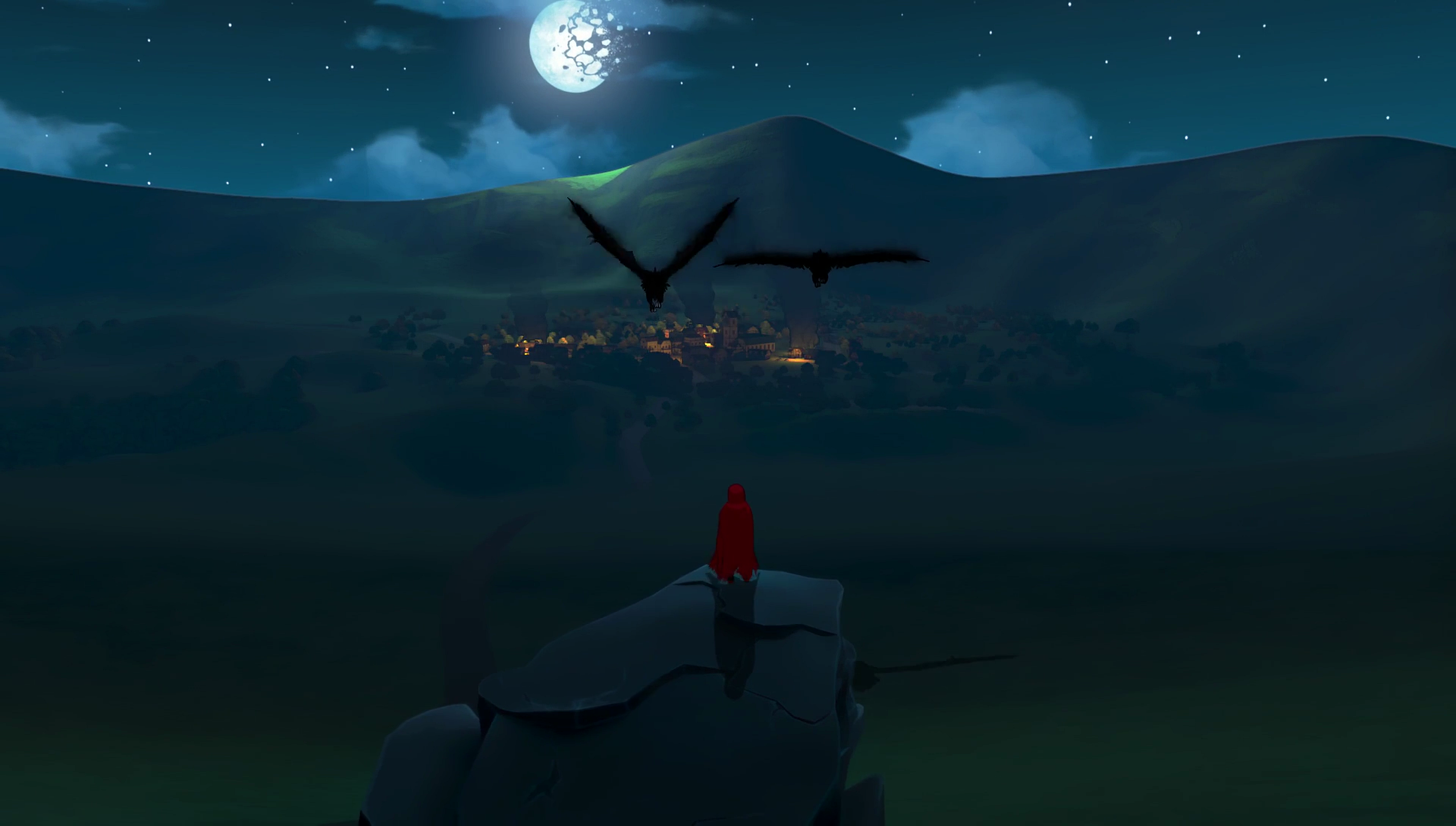 Ruby Rose from RWBY flying with Grimm over a village at night HD Wallpaper