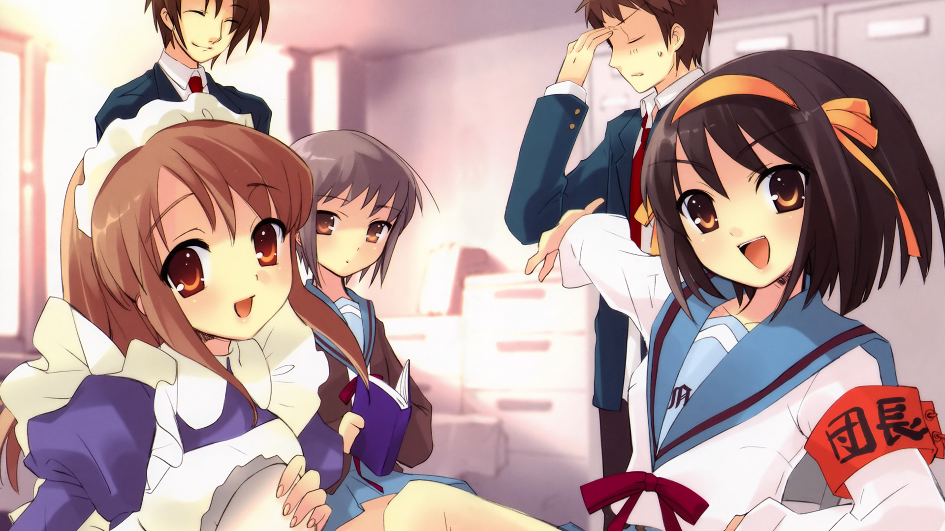 The Melancholy of Haruhi Suzumiya characters in a classroom HD Wallpaper