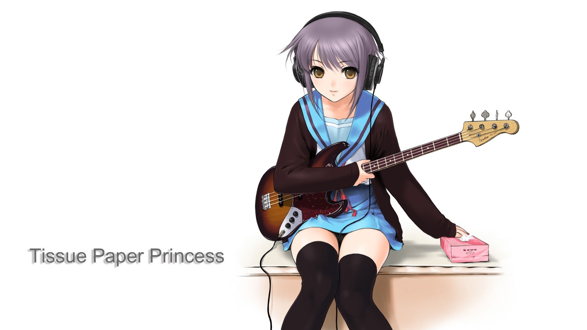 Girl with headphones and bass guitar, Tissue Paper Princess HD Wallpaper