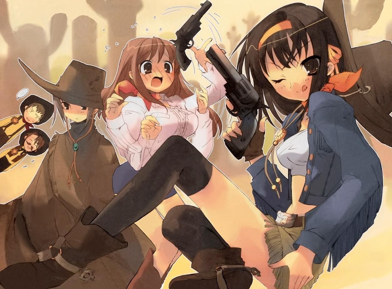 Anime girls in cowboy outfits with guns HD Wallpaper