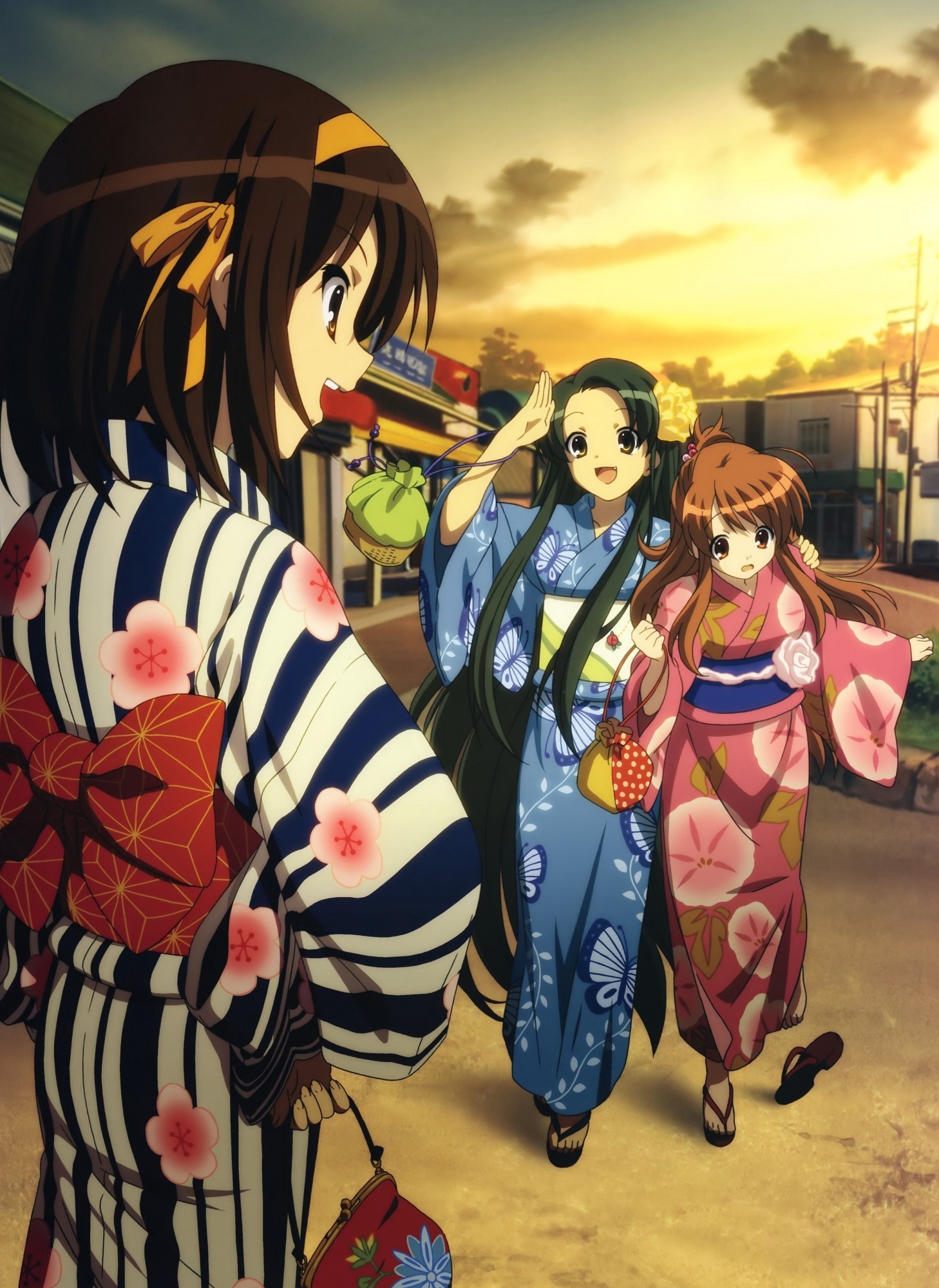 The Melancholy of Haruhi Suzumiya characters in yukatas HD Wallpaper