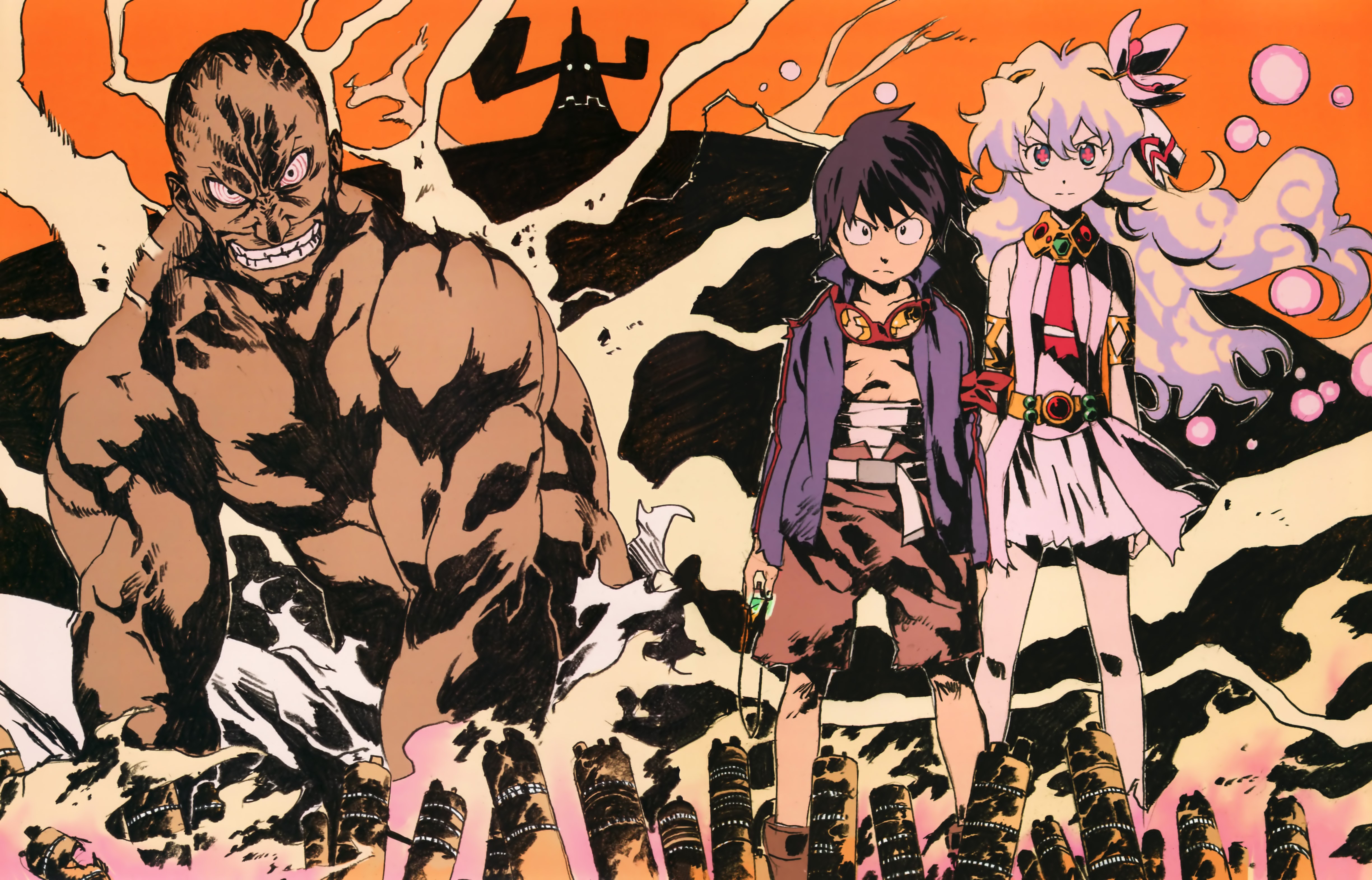 Simon and Nia from Tengen Toppa Gurren Lagann with a large muscular man HD Wallpaper