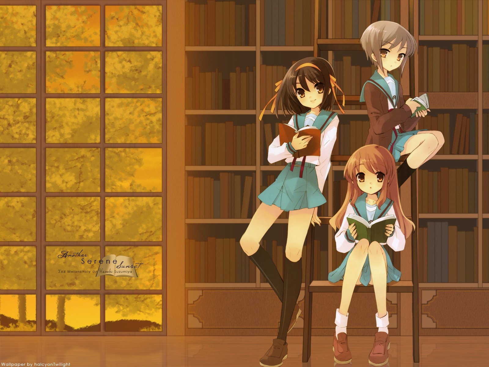 Anime girls reading books in a library, The Melancholy of Haruhi Suzumiya HD Wallpaper