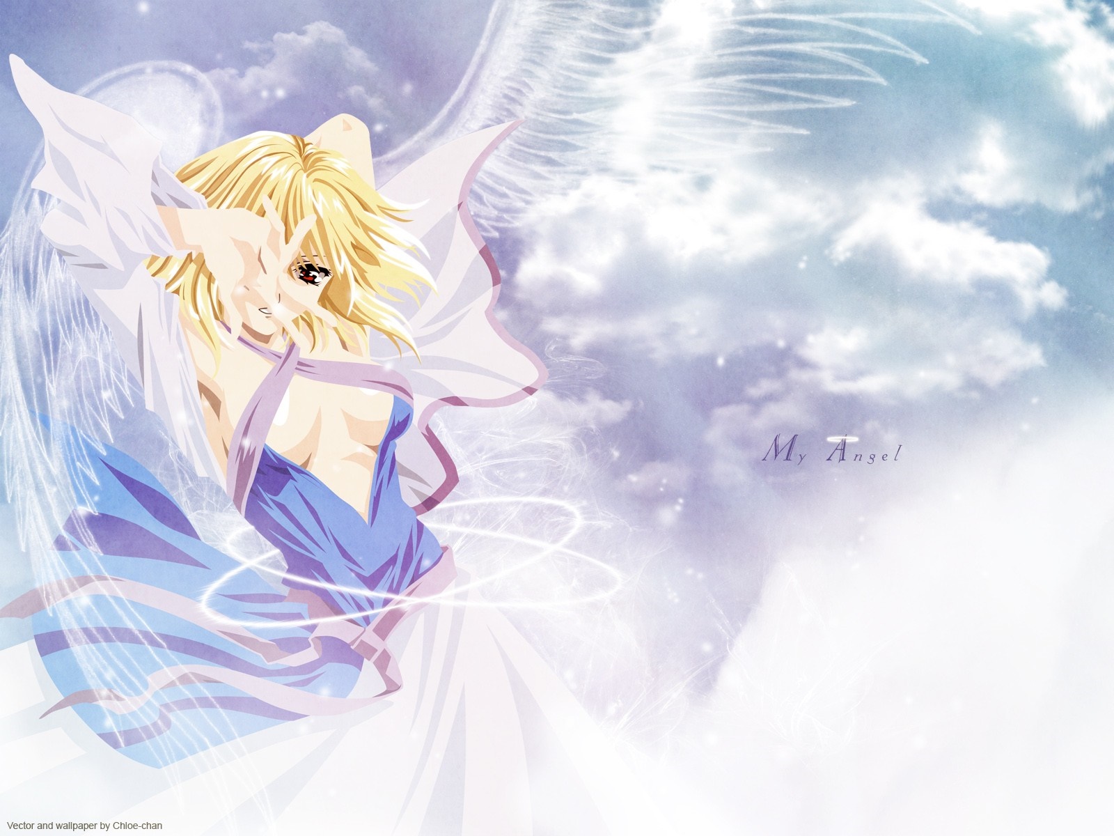 Anime angel with blonde hair and blue dress HD Wallpaper
