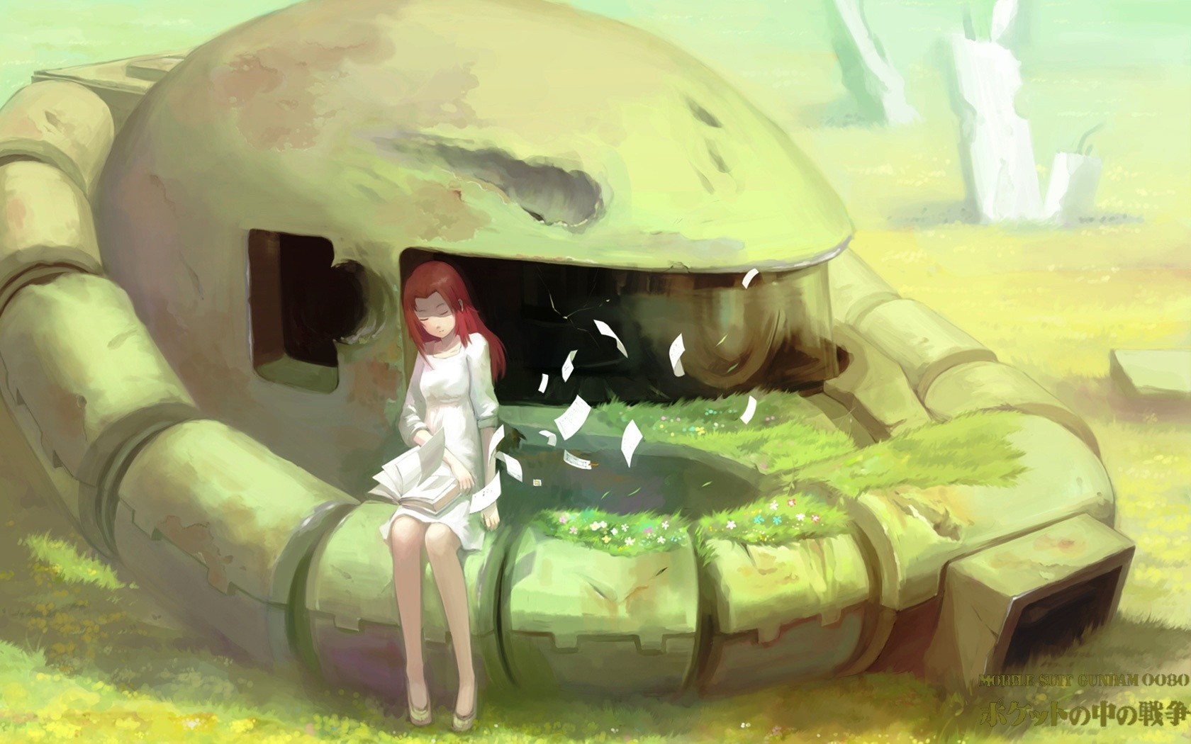 Girl reading a book near a giant robot HD Wallpaper