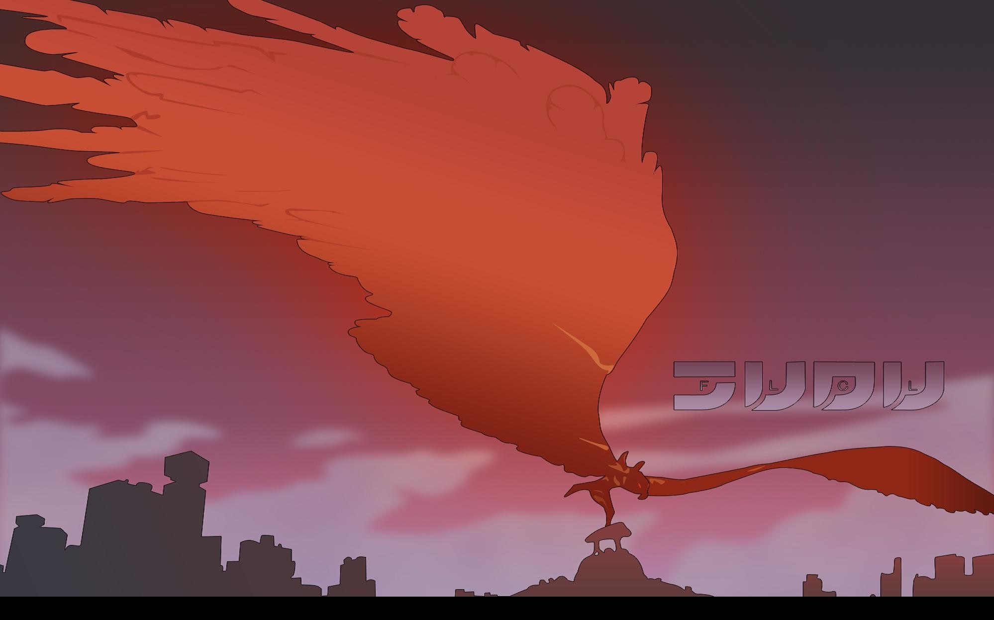 Illustration of a giant bird from FLCL flying over a city at sunset HD Wallpaper