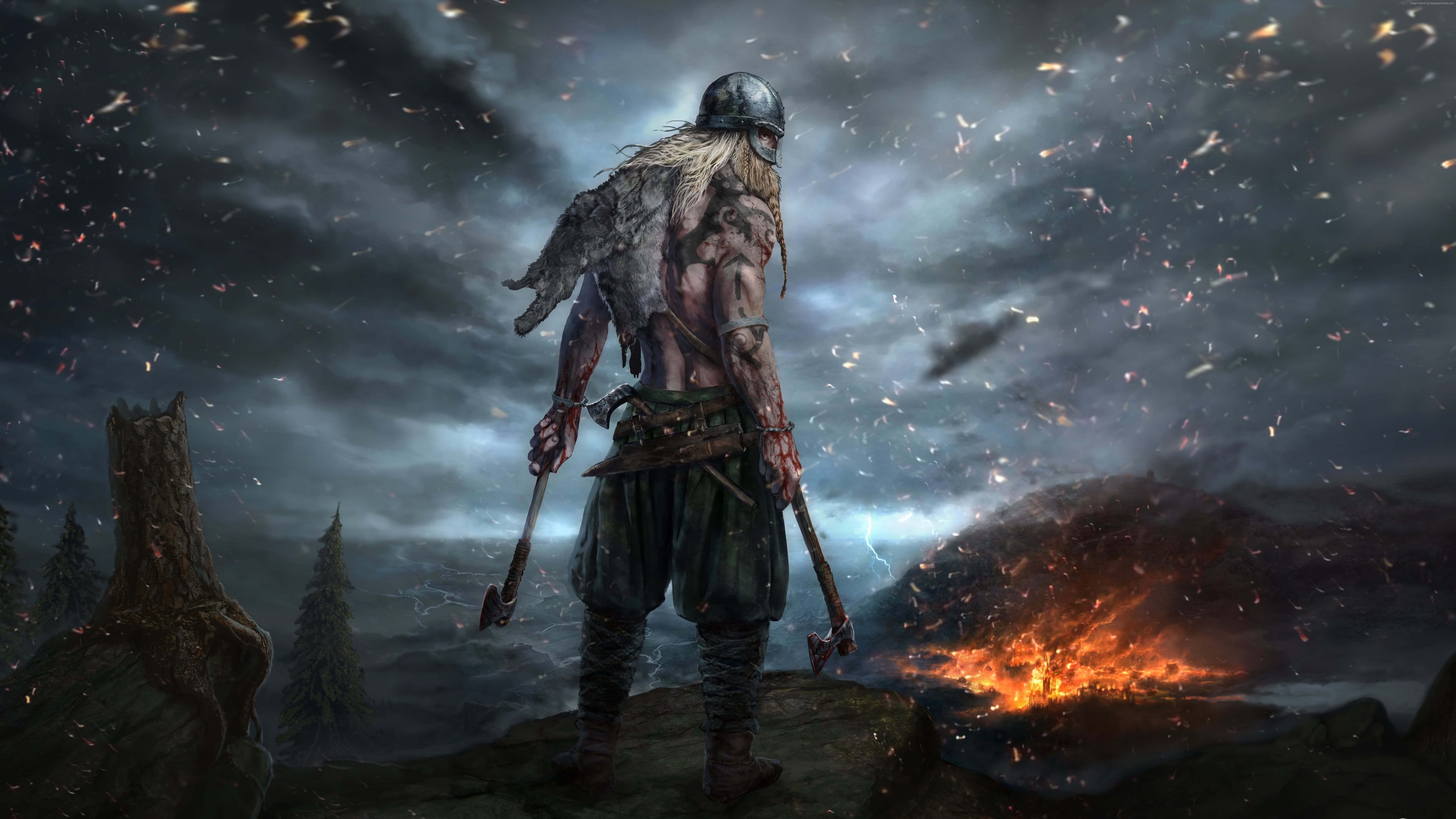 Viking Warrior with Axes in a Burning Landscape HD Wallpaper