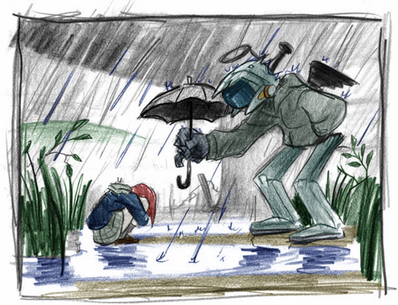 Haruko Haruhara and Naota Nandaba from FLCL in the rain HD Wallpaper