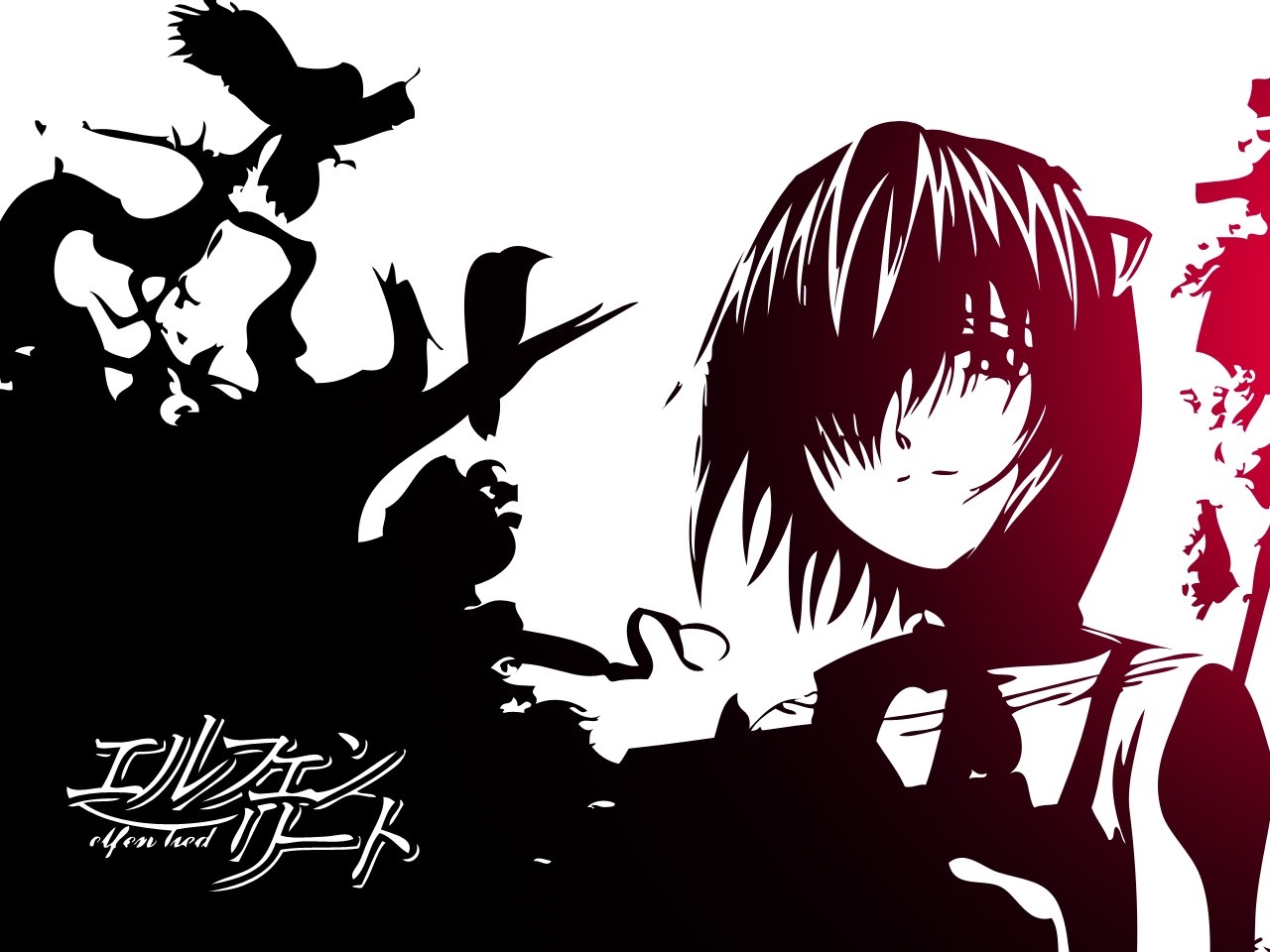 Lucy from Elfen Lied with birds and trees HD Wallpaper