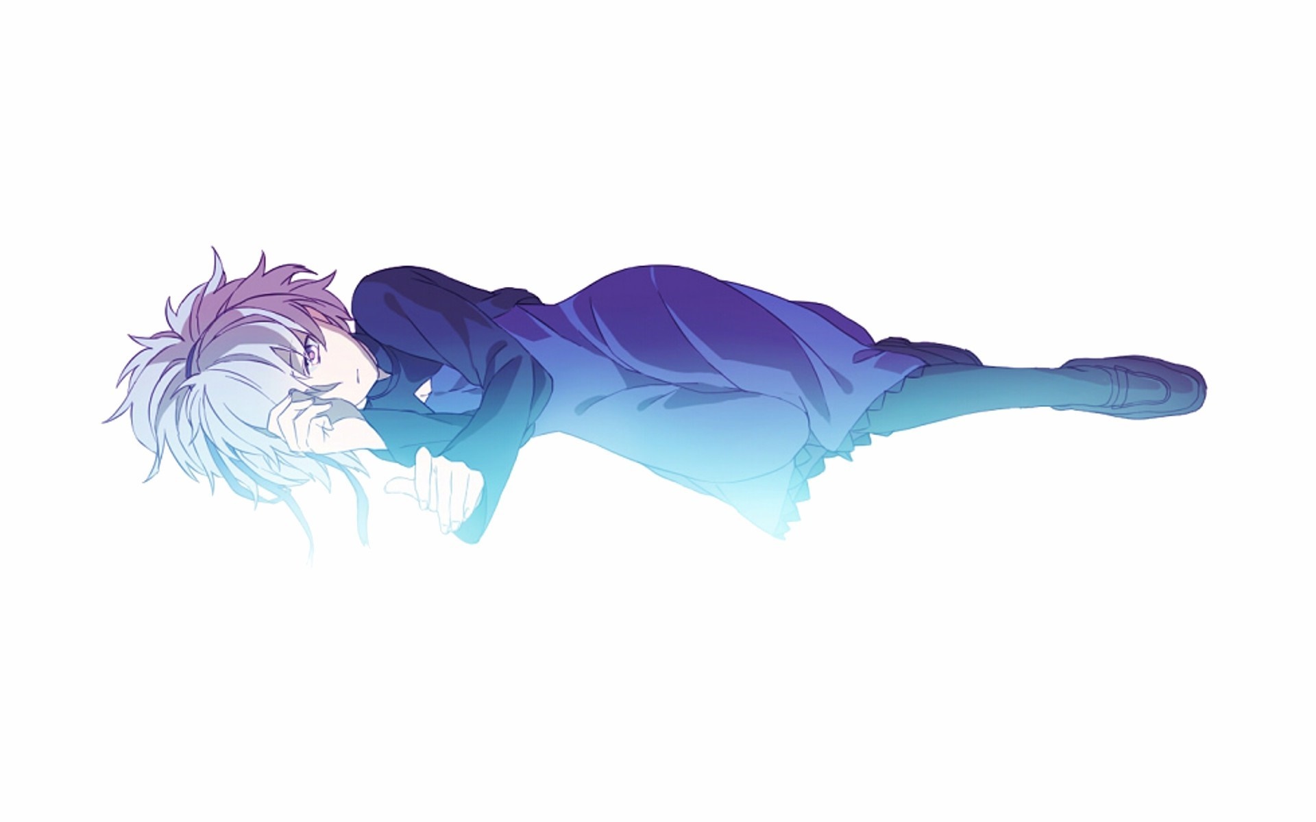 Anime character lying down with blue and purple glow HD Wallpaper