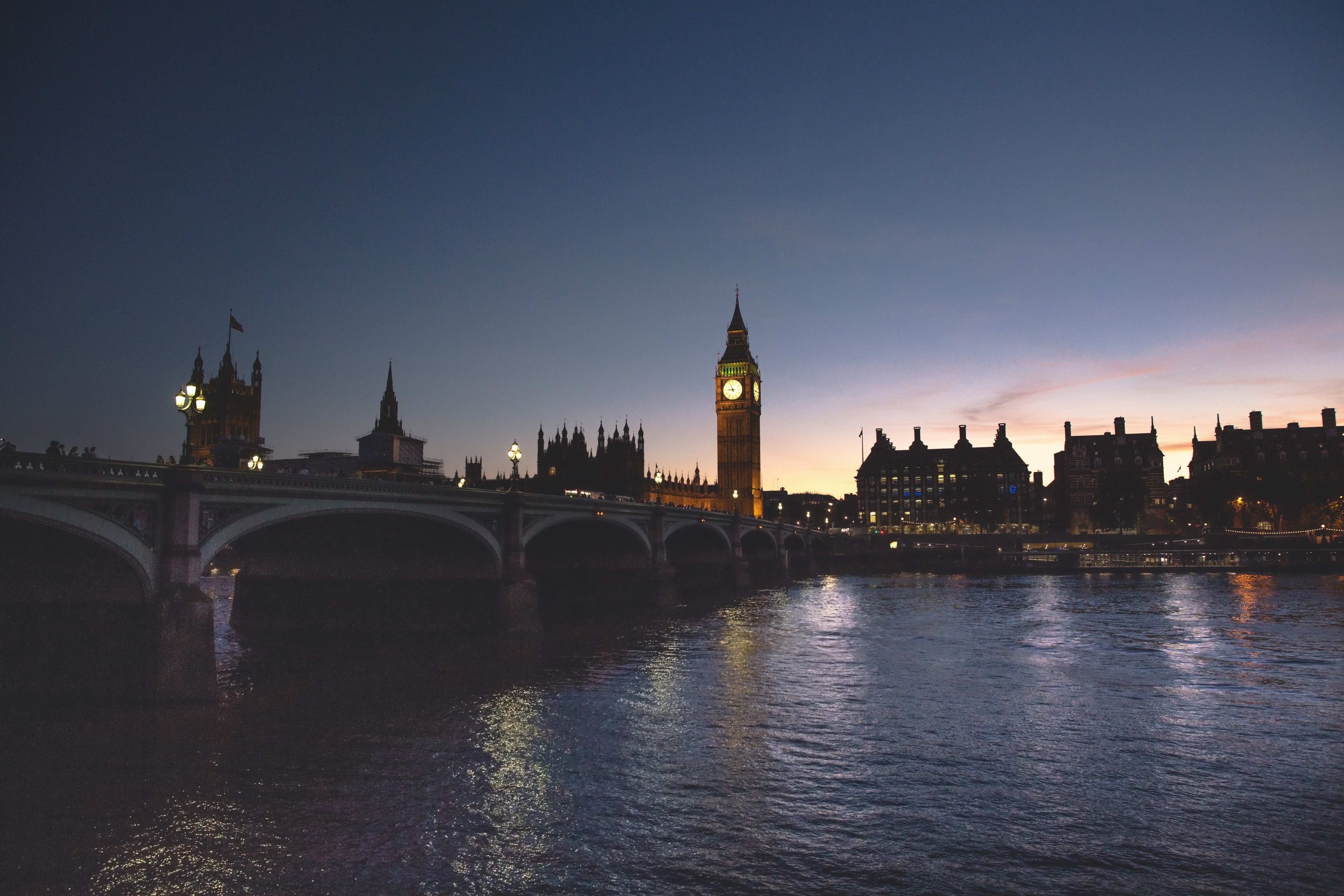 Big Ben and Westminster Bridge at dusk over the River Thames, London HD Wallpaper
