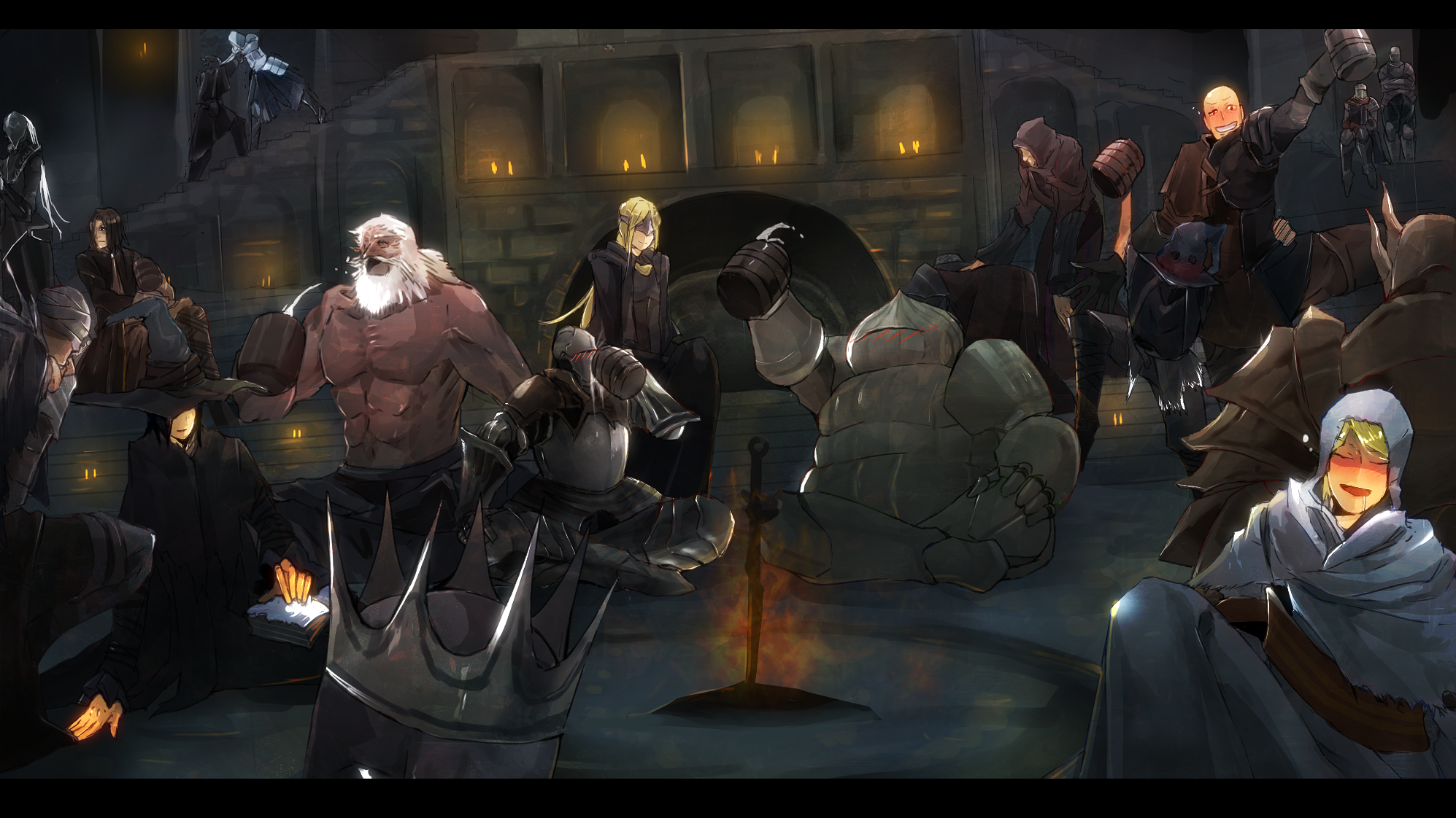 Dark Souls characters gathered around a bonfire HD Wallpaper
