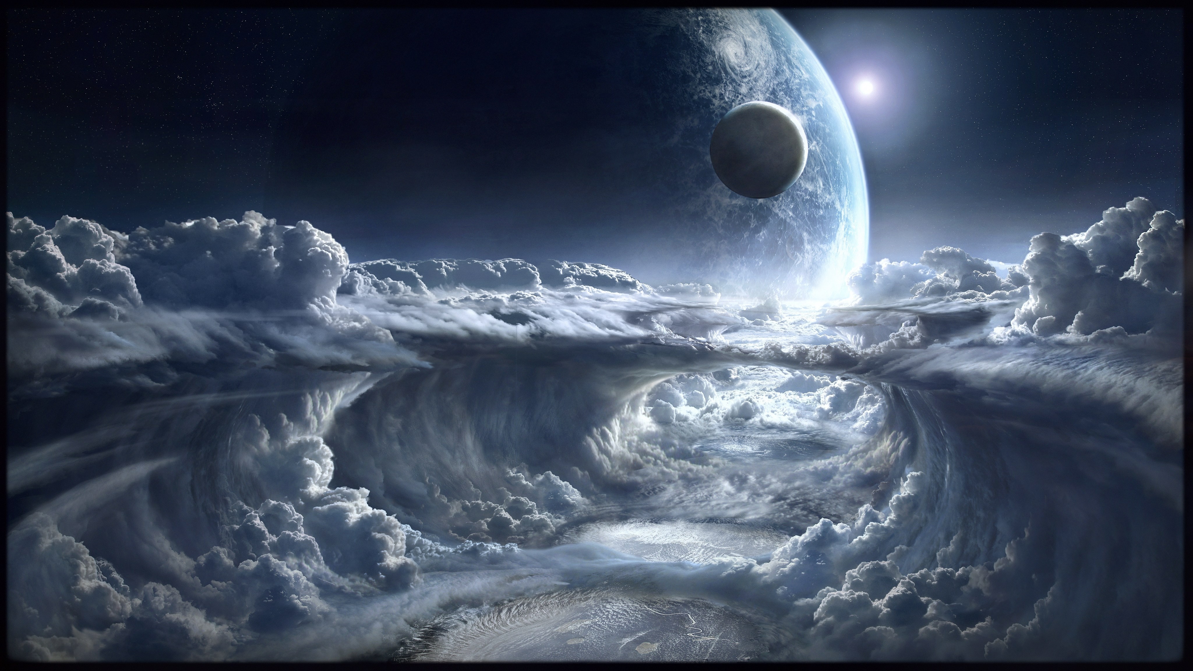 Planet and moon above swirling clouds HD Wallpaper