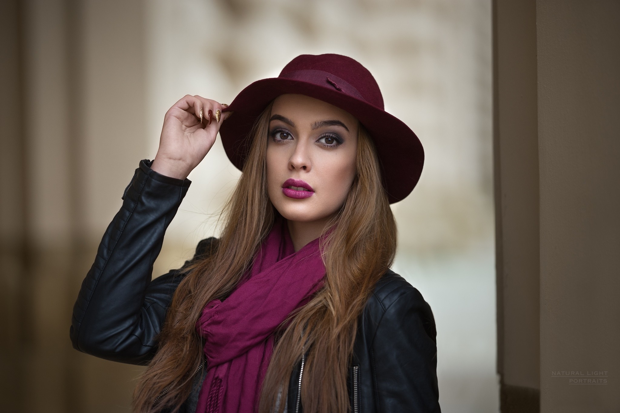 Woman in a red hat and leather jacket HD Wallpaper