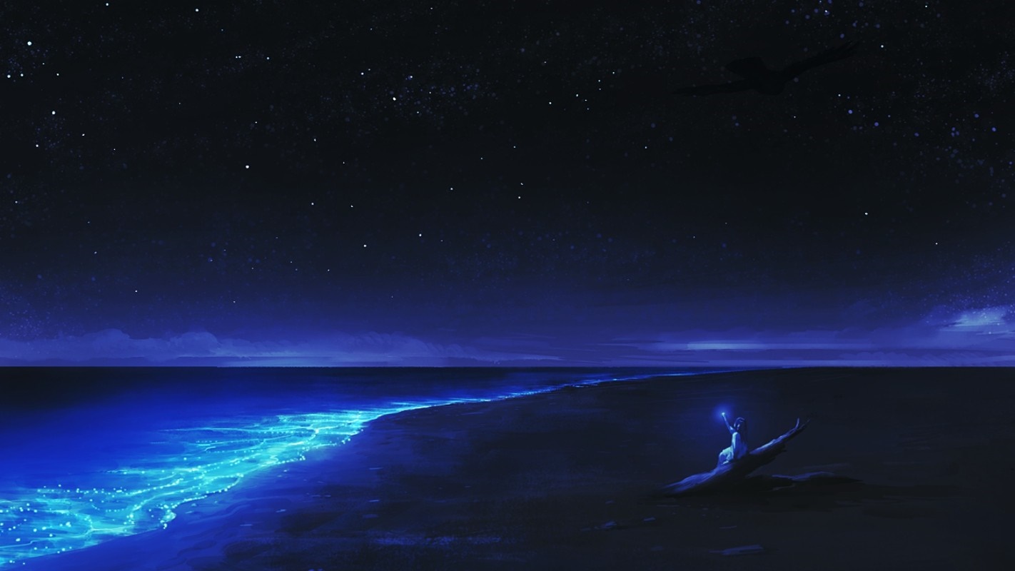 A person holding a glowing orb on a beach at night HD Wallpaper