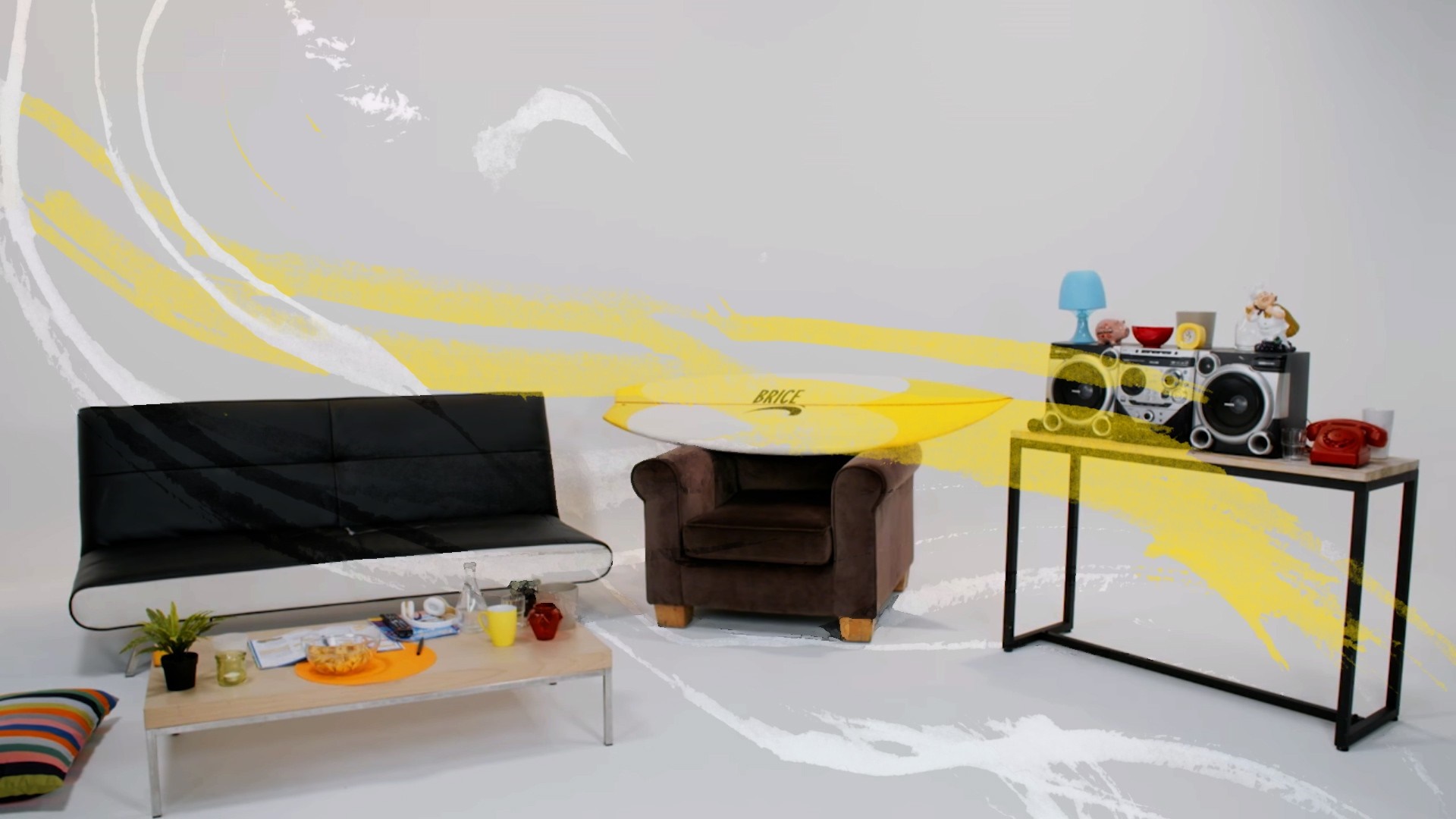 Living room with surfboard and retro boombox HD Wallpaper