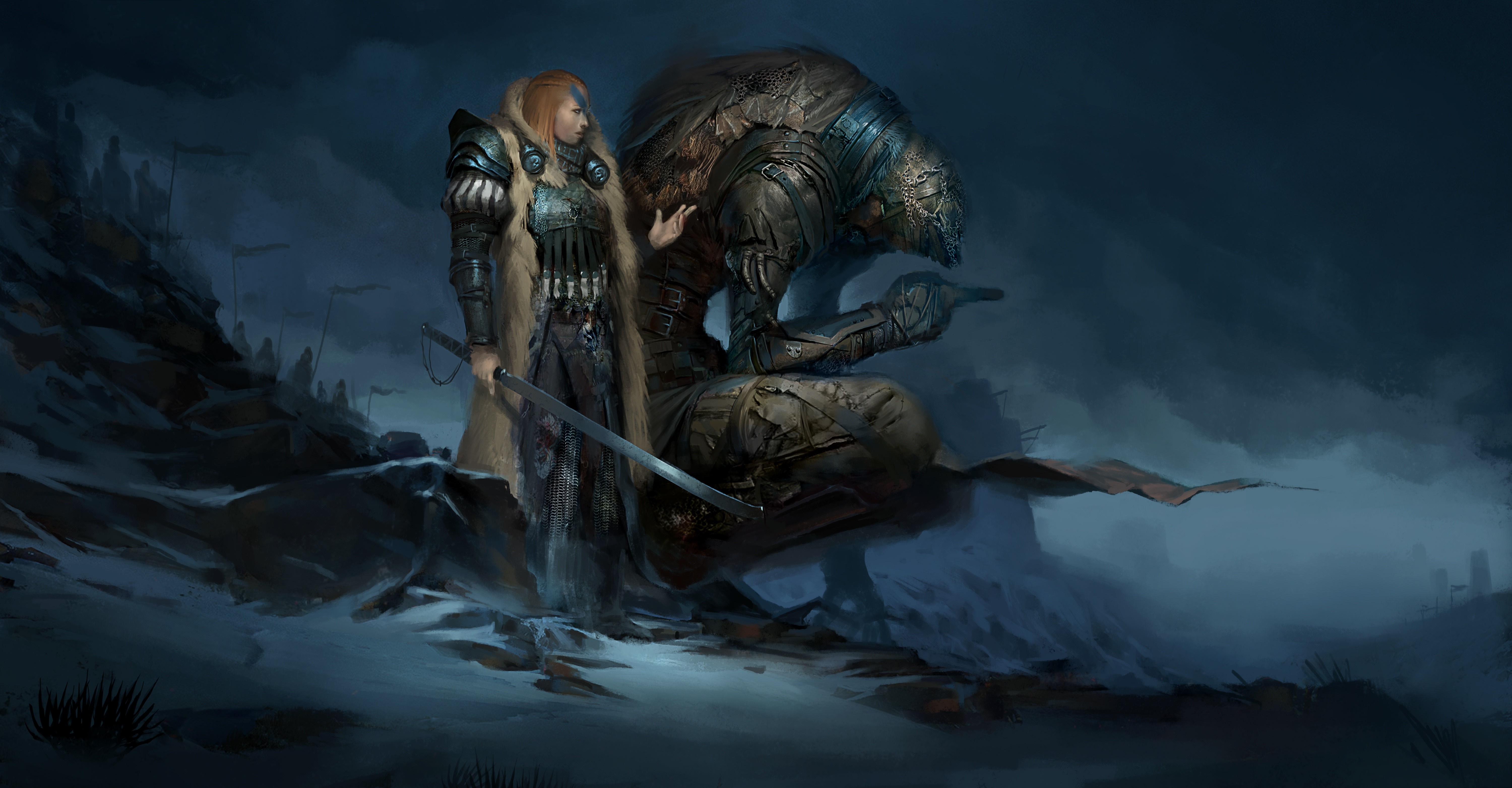 Fantasy art of a woman and a creature in a dark landscape HD Wallpaper
