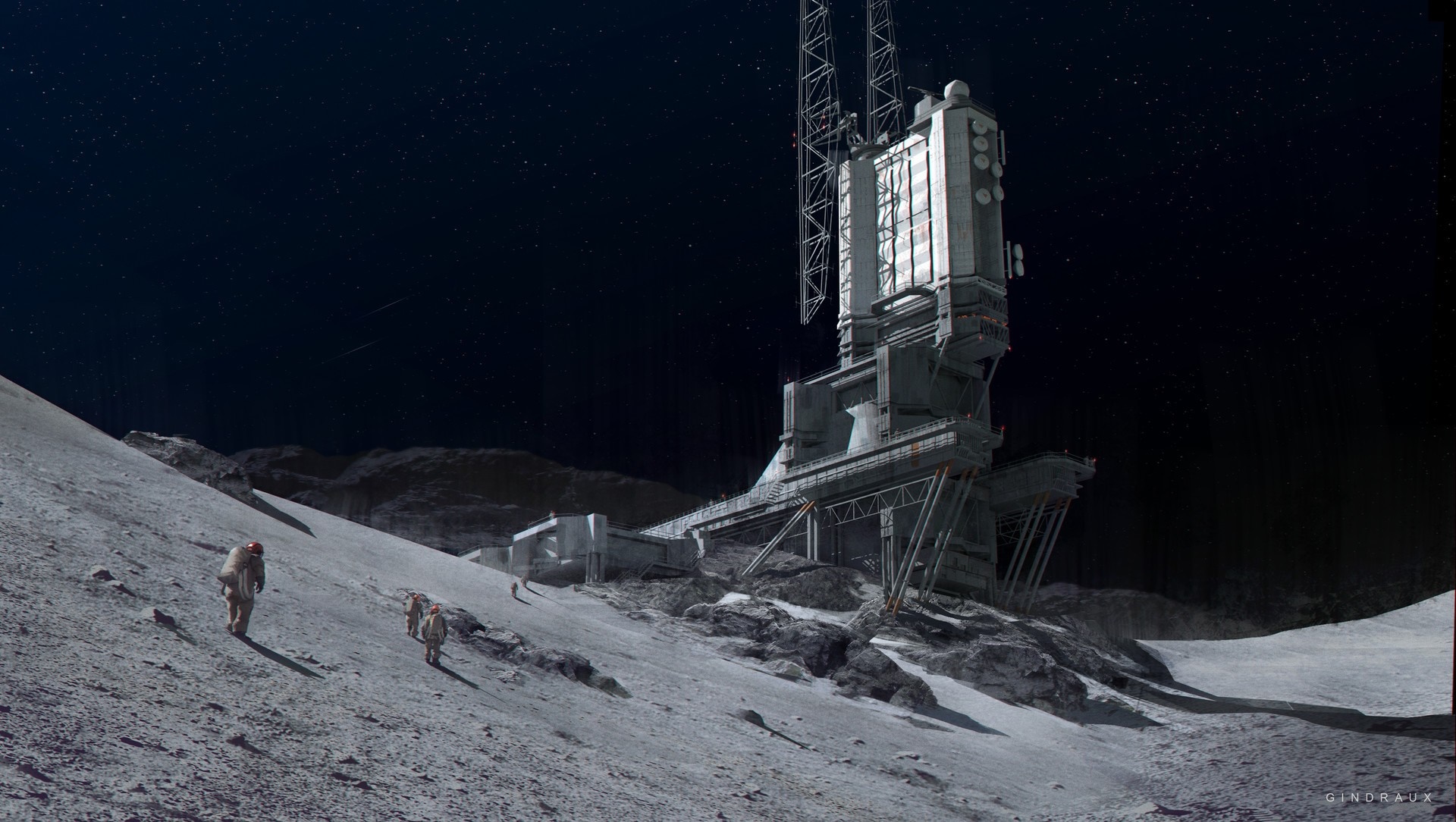 Astronauts near a lunar base under a starry sky HD Wallpaper