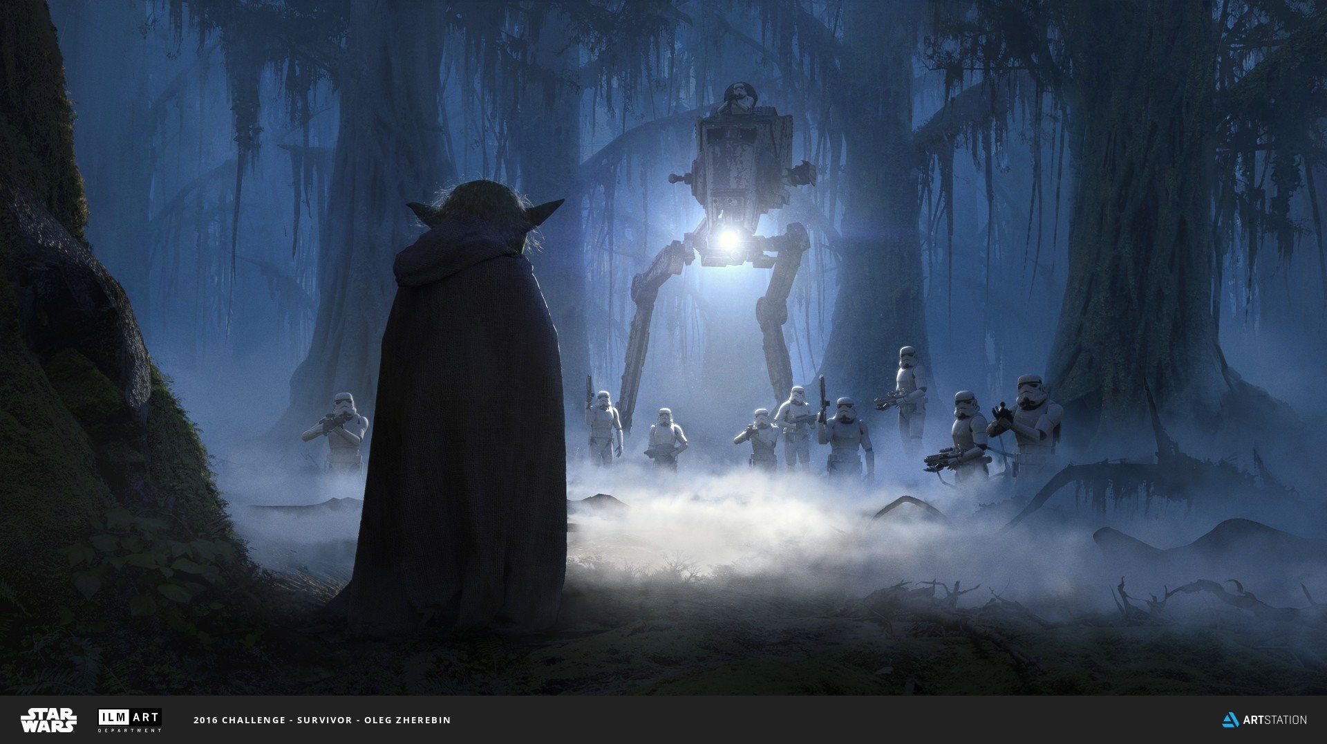 Yoda and Stormtroopers facing an AT-ST in a swamp HD Wallpaper
