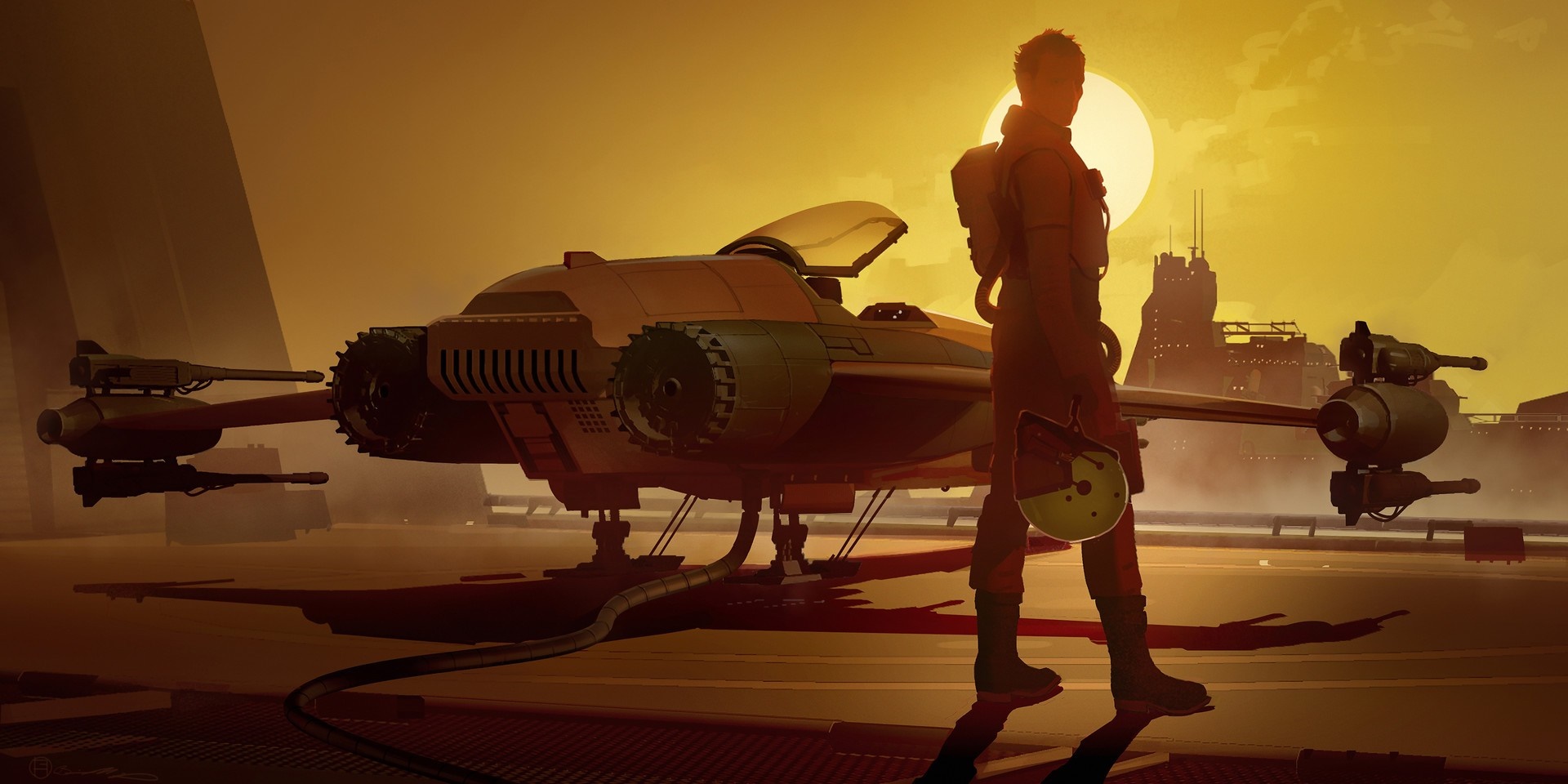 Pilot with spaceship on a landing pad HD Wallpaper