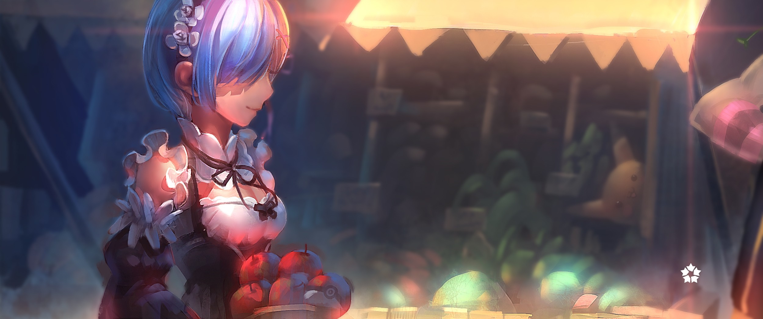 Rem from Re:Zero at a fruit stand HD Wallpaper