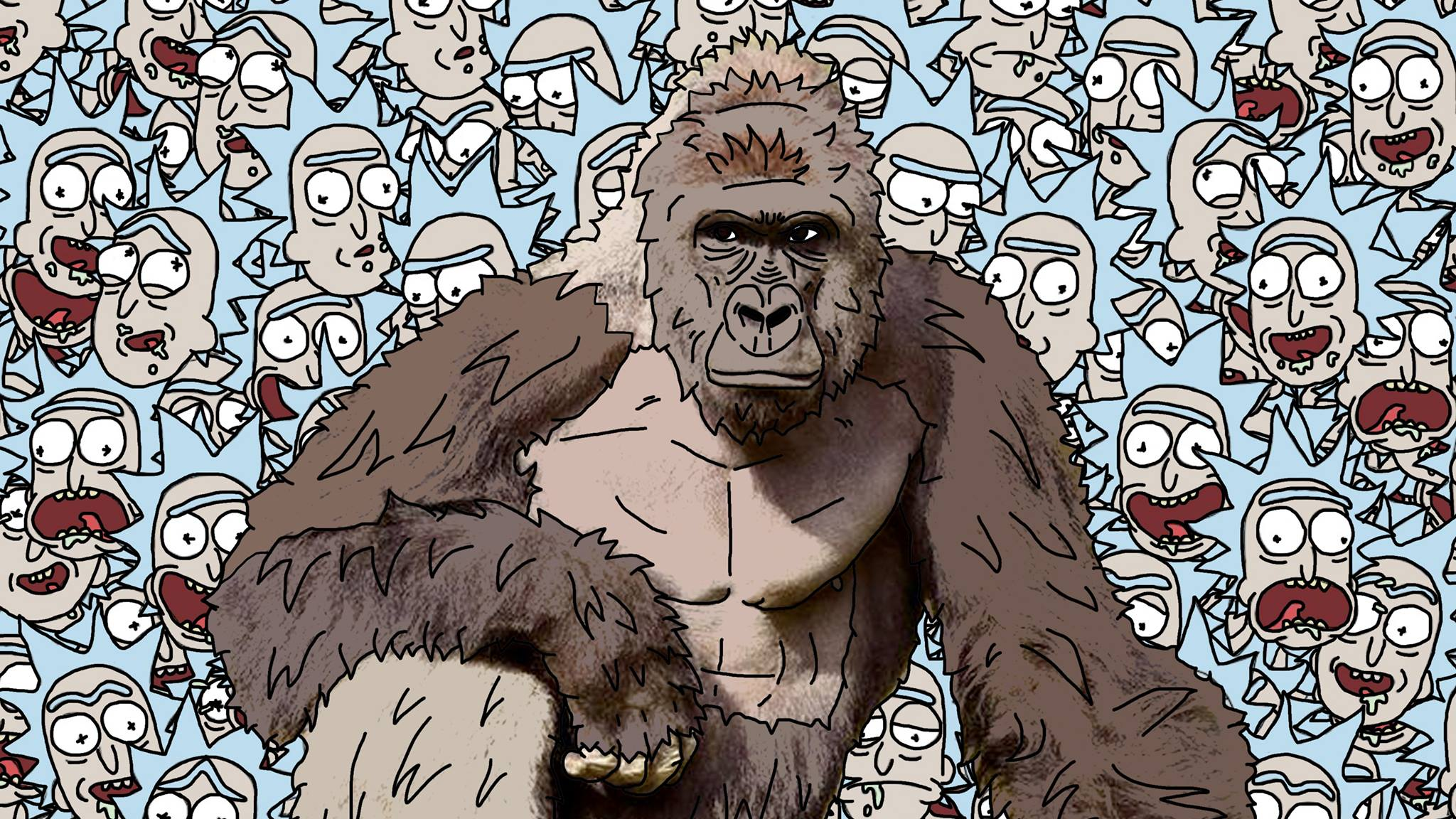 Gorilla in front of Rick and Morty pattern HD Wallpaper