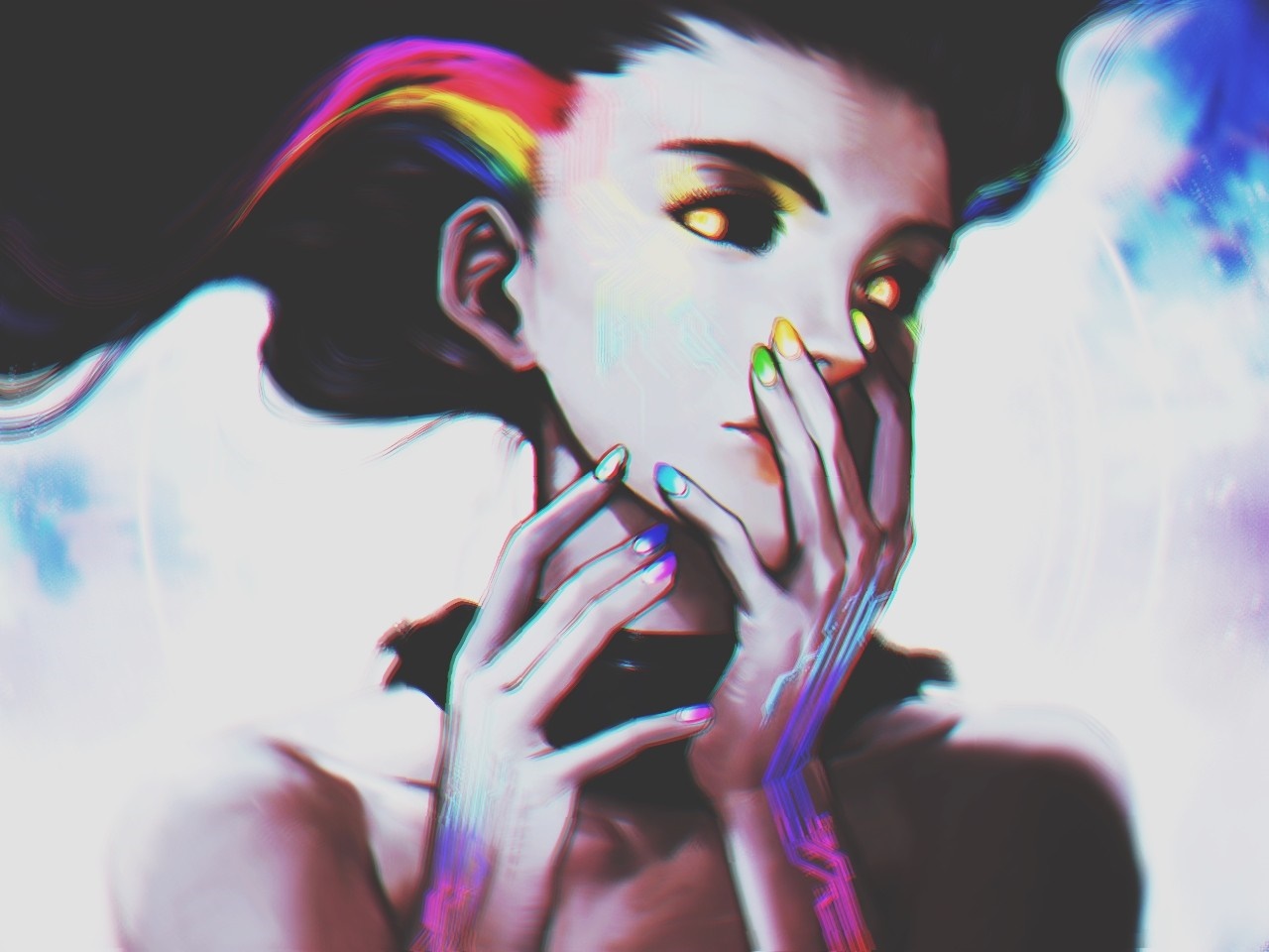 Anime girl with rainbow hair and yellow eyes HD Wallpaper