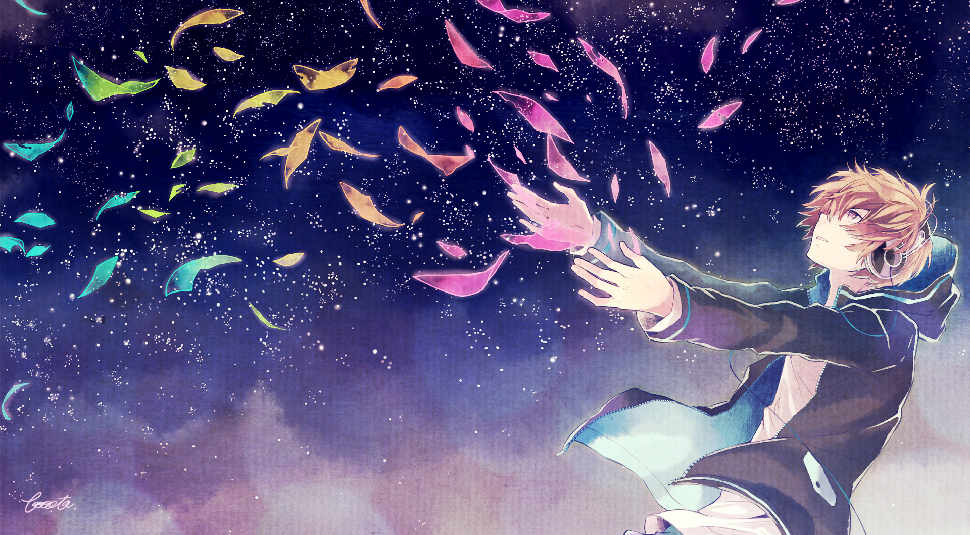 Anime boy with headphones reaching for floating petals HD Wallpaper