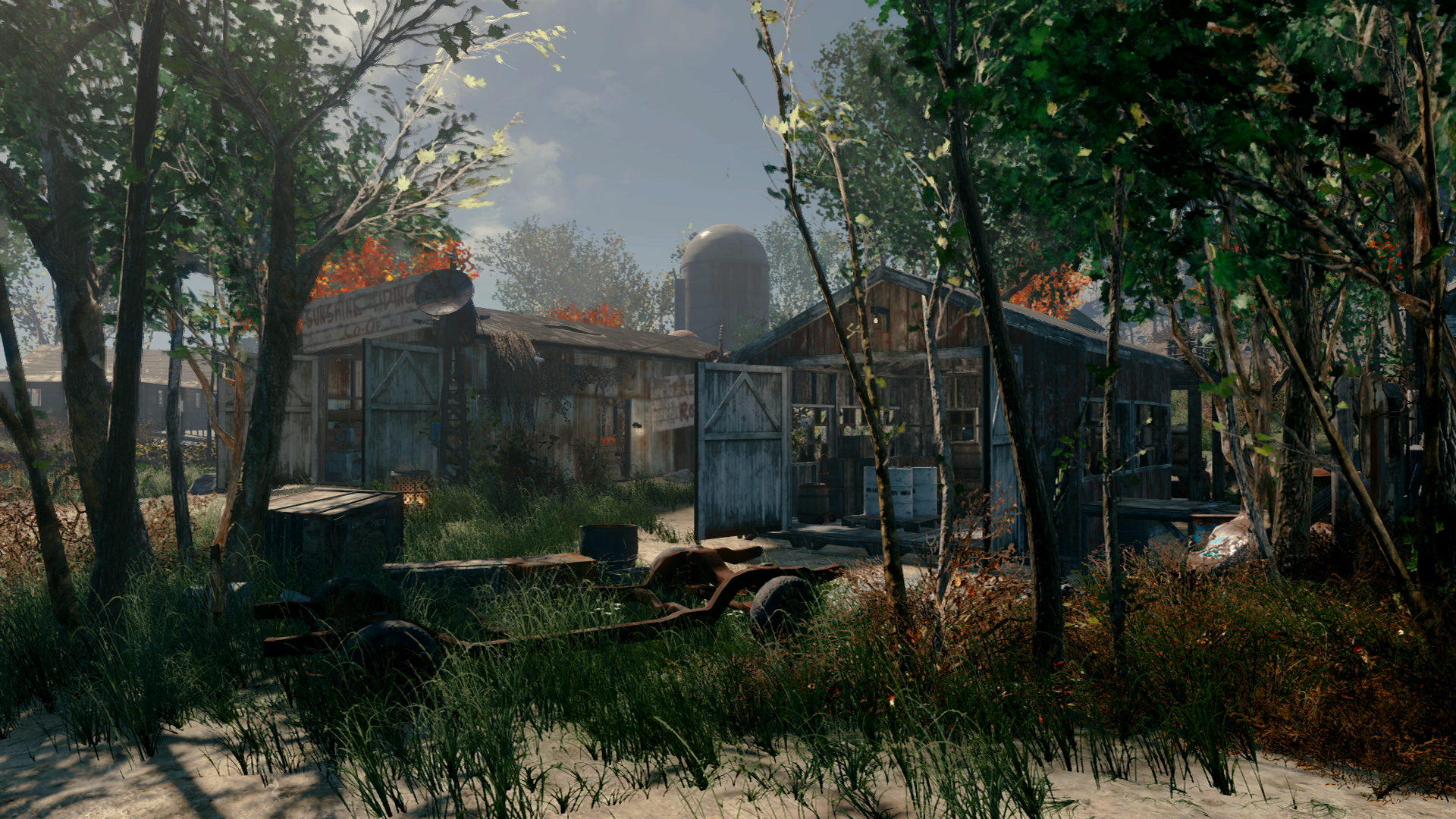 Fallout 4 abandoned farm with silo and trees HD Wallpaper