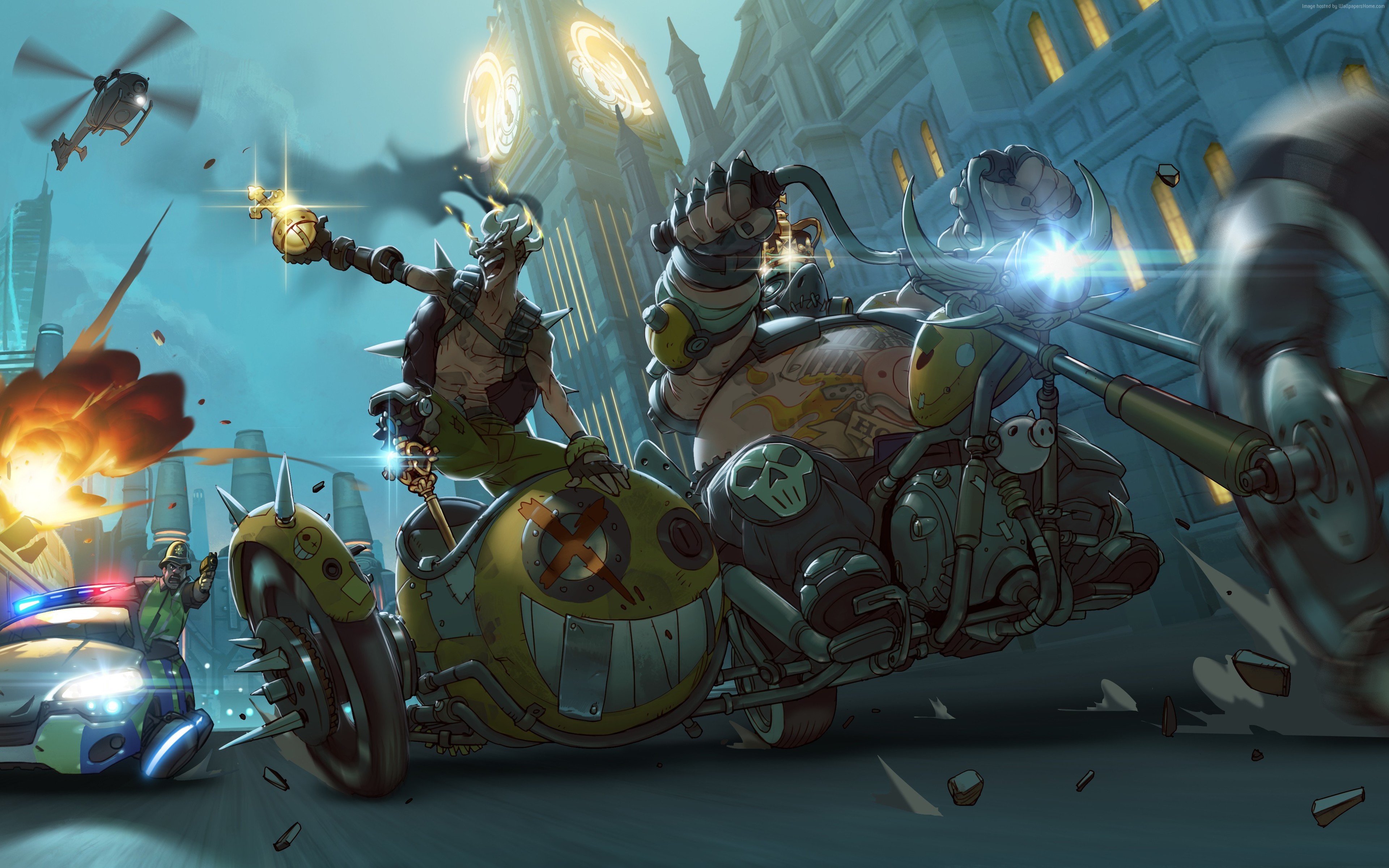 Junkrat and Roadhog from Overwatch on motorcycles HD Wallpaper