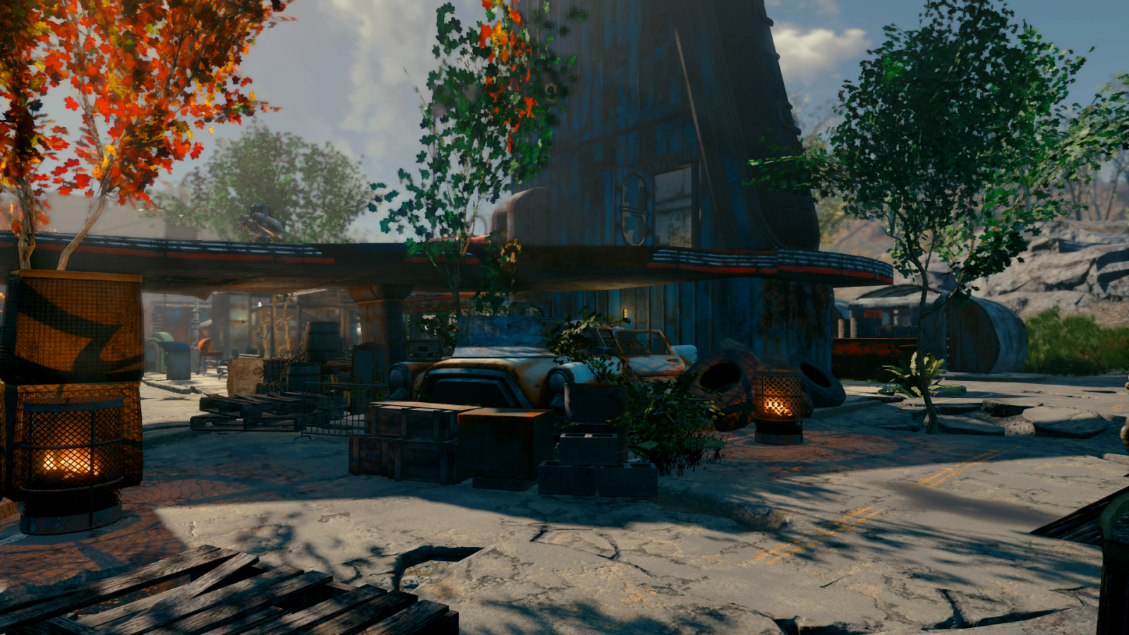 Fallout 4 screenshot of a post-apocalyptic gas station HD Wallpaper