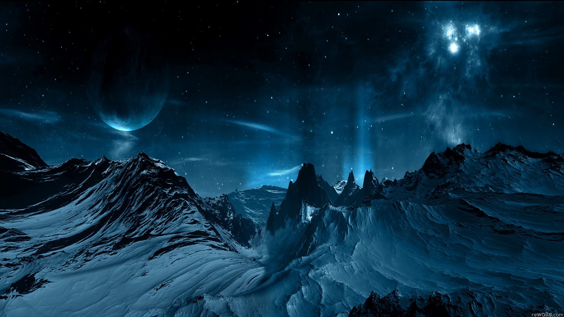 Alien landscape with planet and aurora HD Wallpaper
