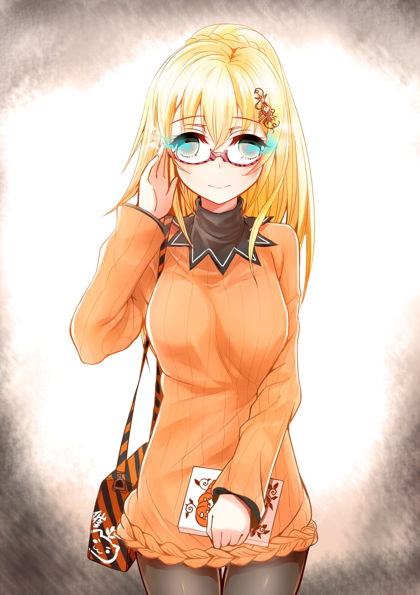 Anime girl with glasses and Halloween sweater HD Wallpaper