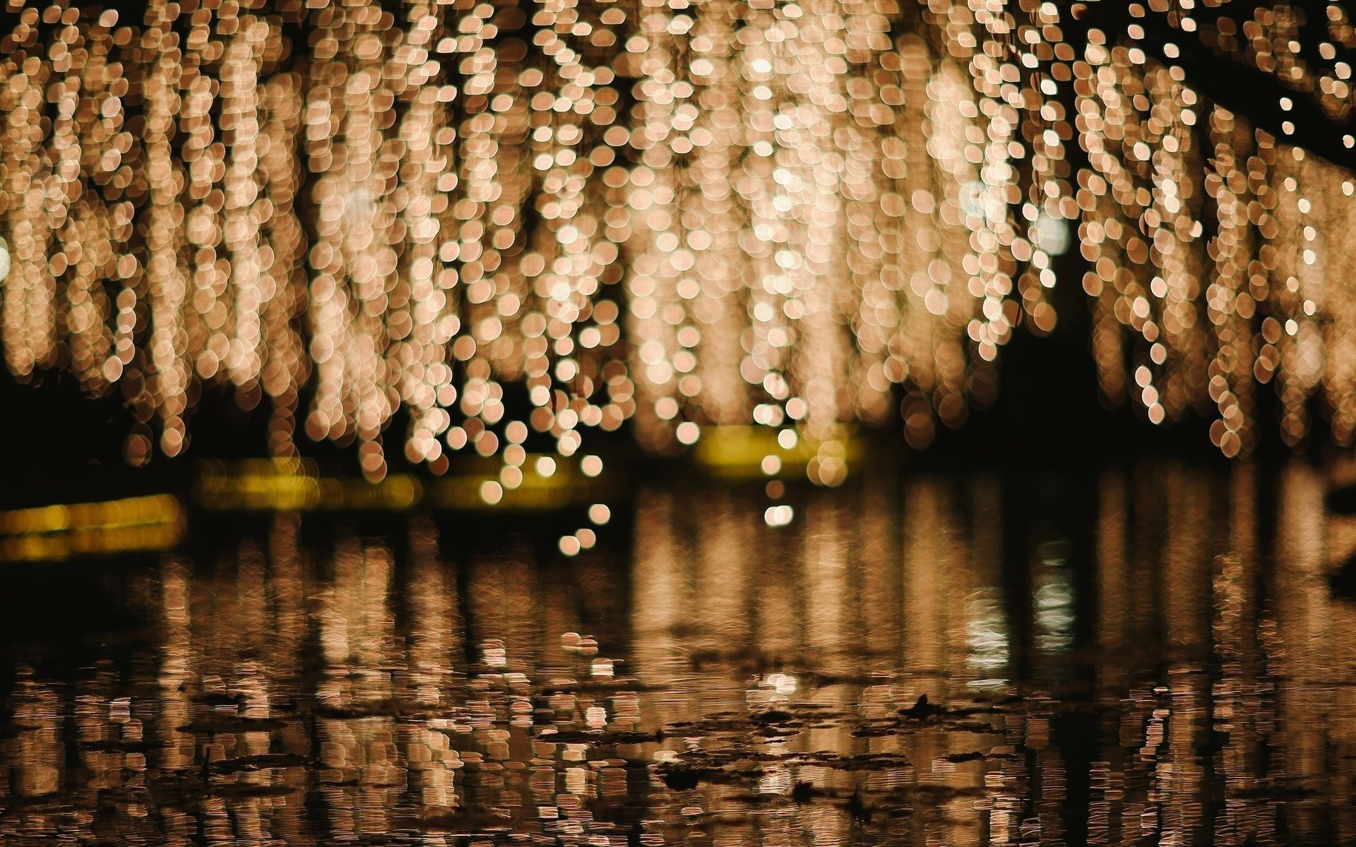 Bokeh lights reflected in water at night HD Wallpaper
