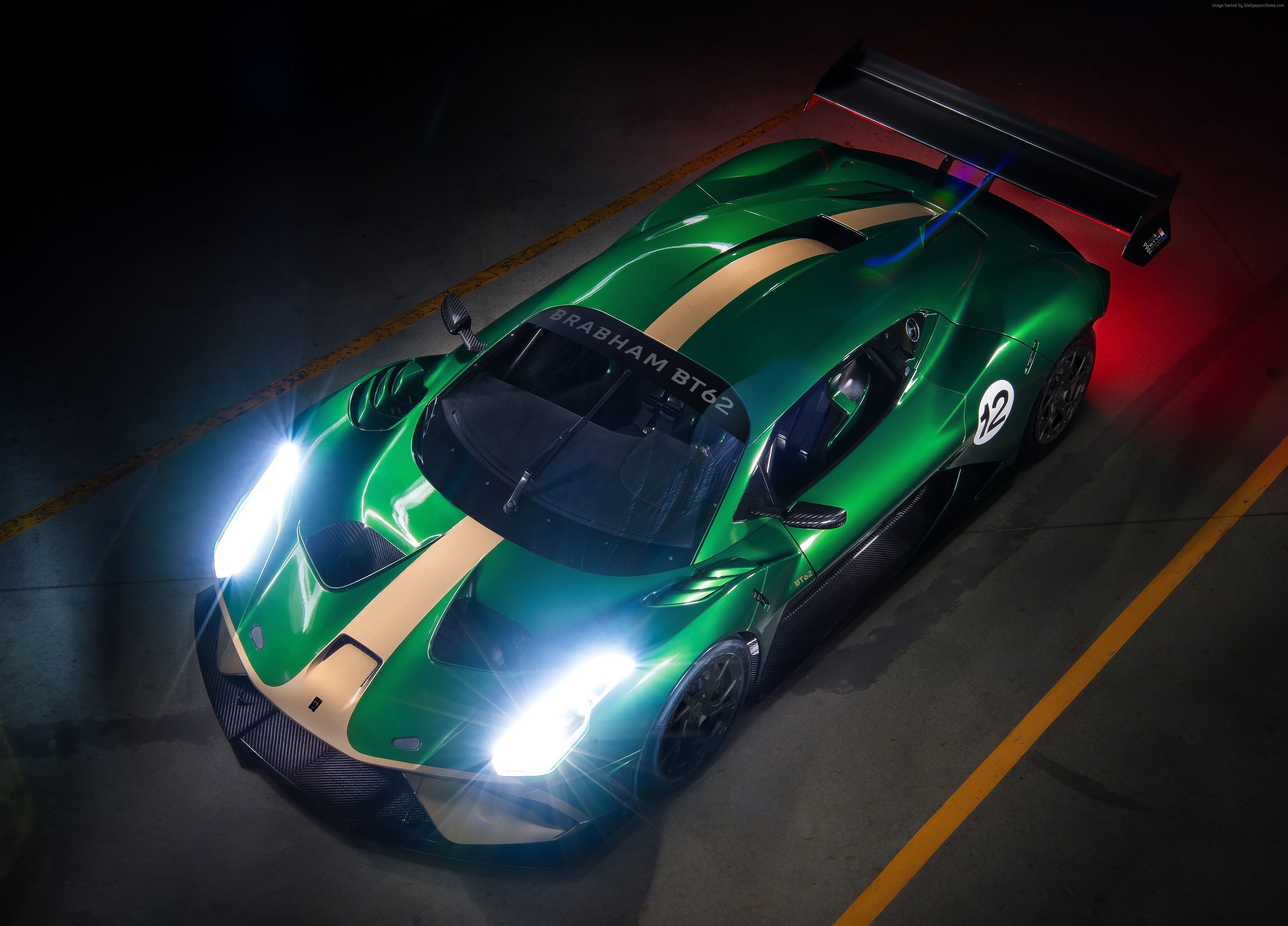 Green Brabham BT62 race car with gold stripe 4K HD Wallpaper